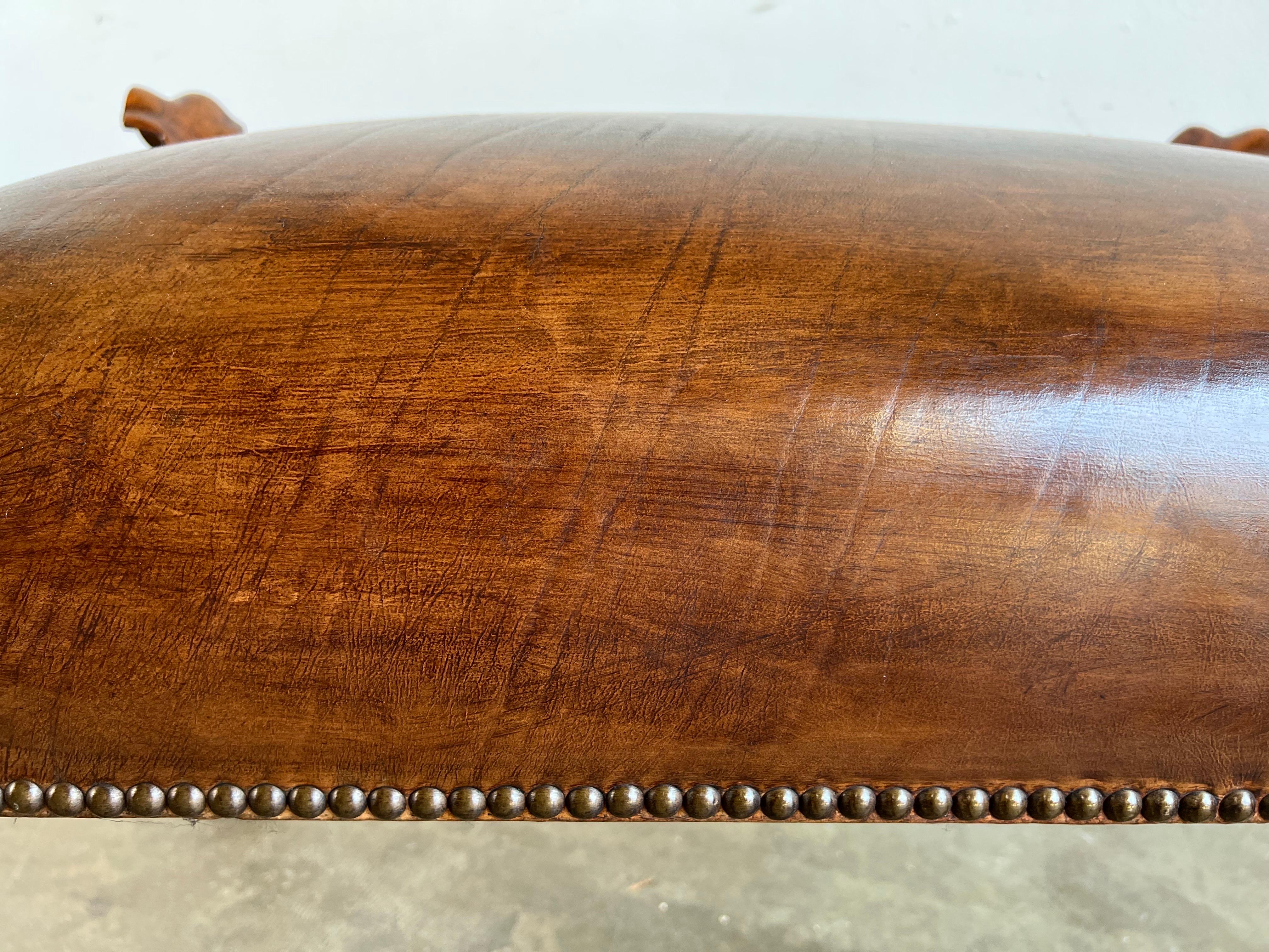 Pair of English Walnut Finished Leather Benches For Sale 5