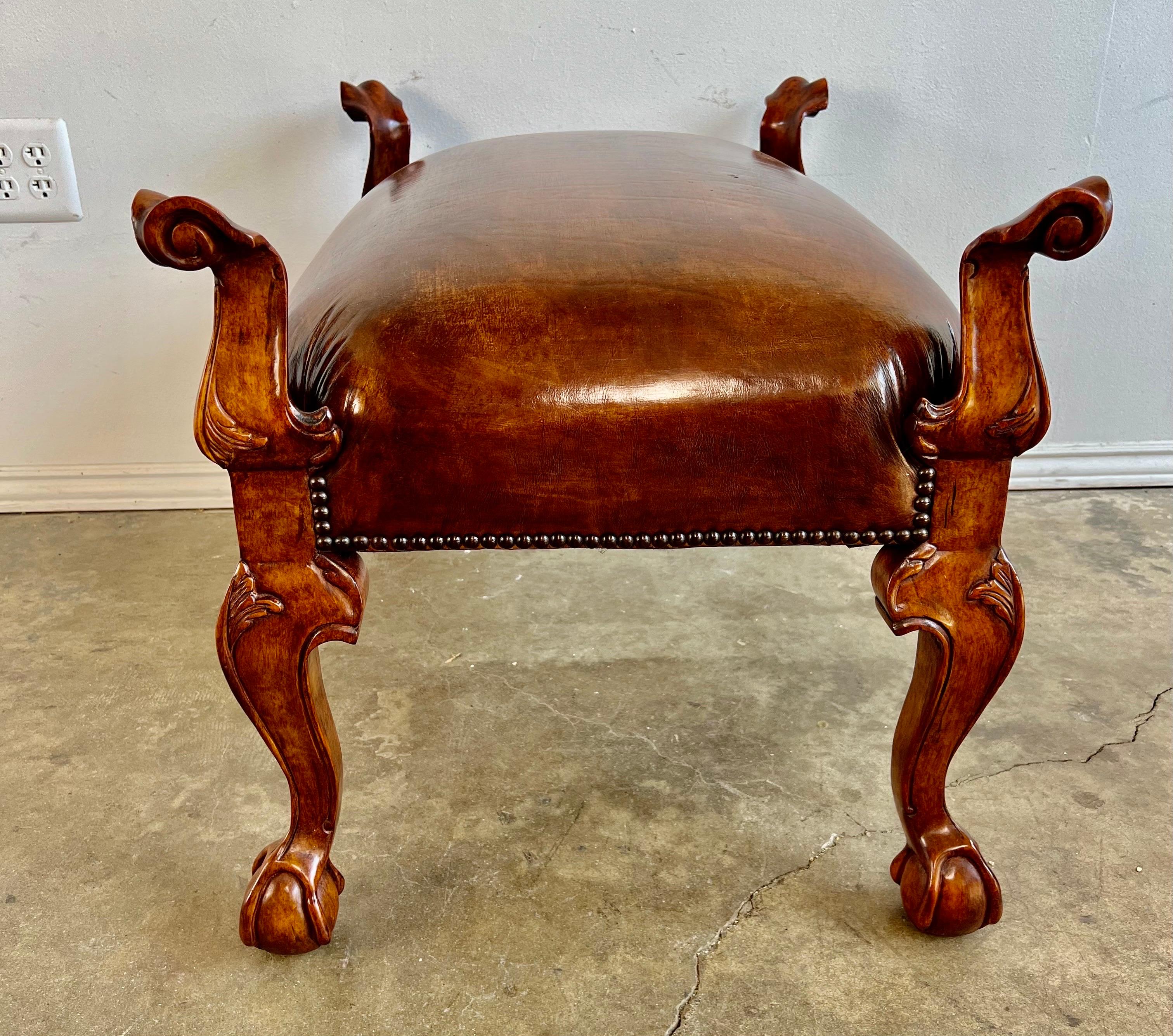 Pair of English Walnut Finished Leather Benches For Sale 6