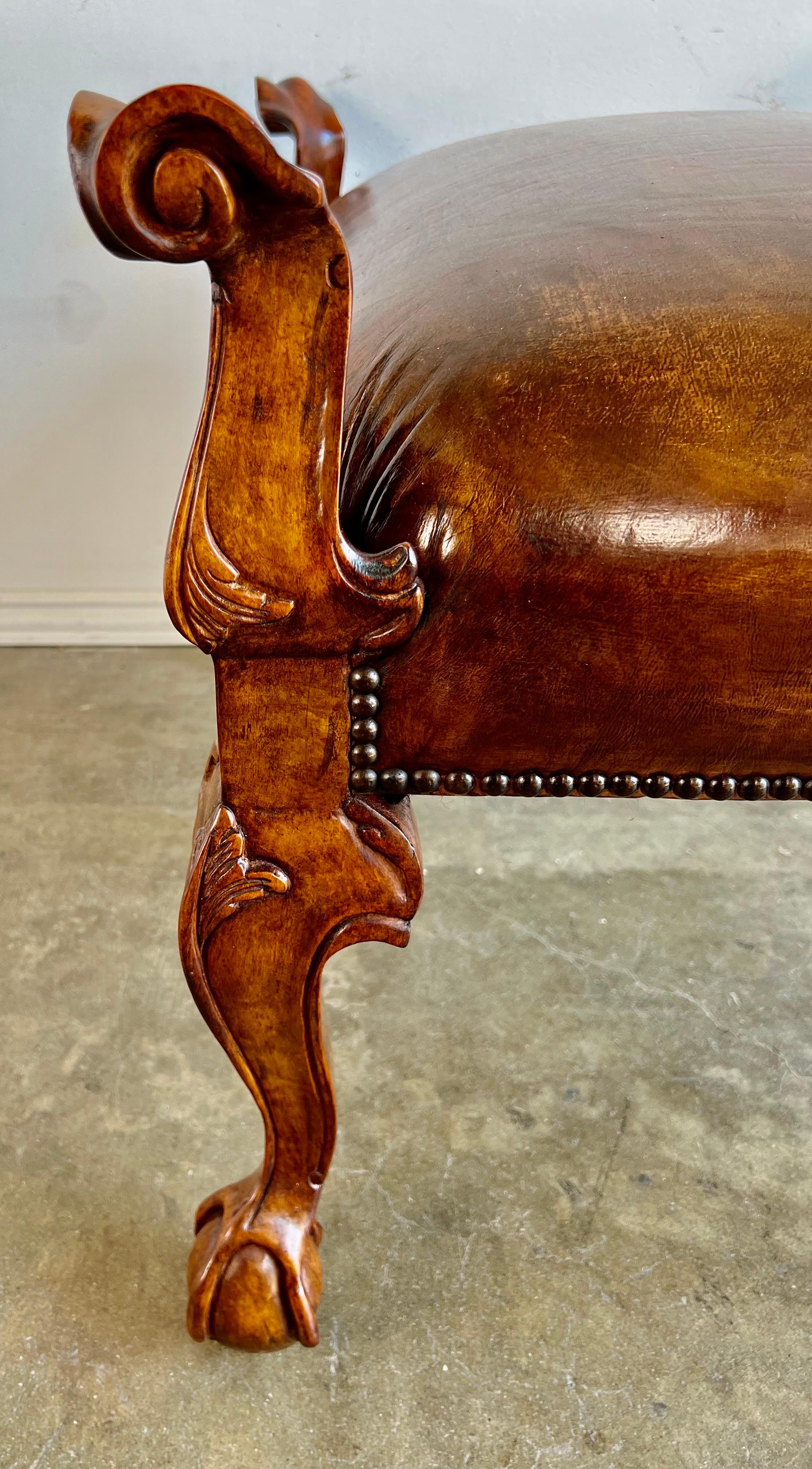 Pair of English Walnut Finished Leather Benches For Sale 7