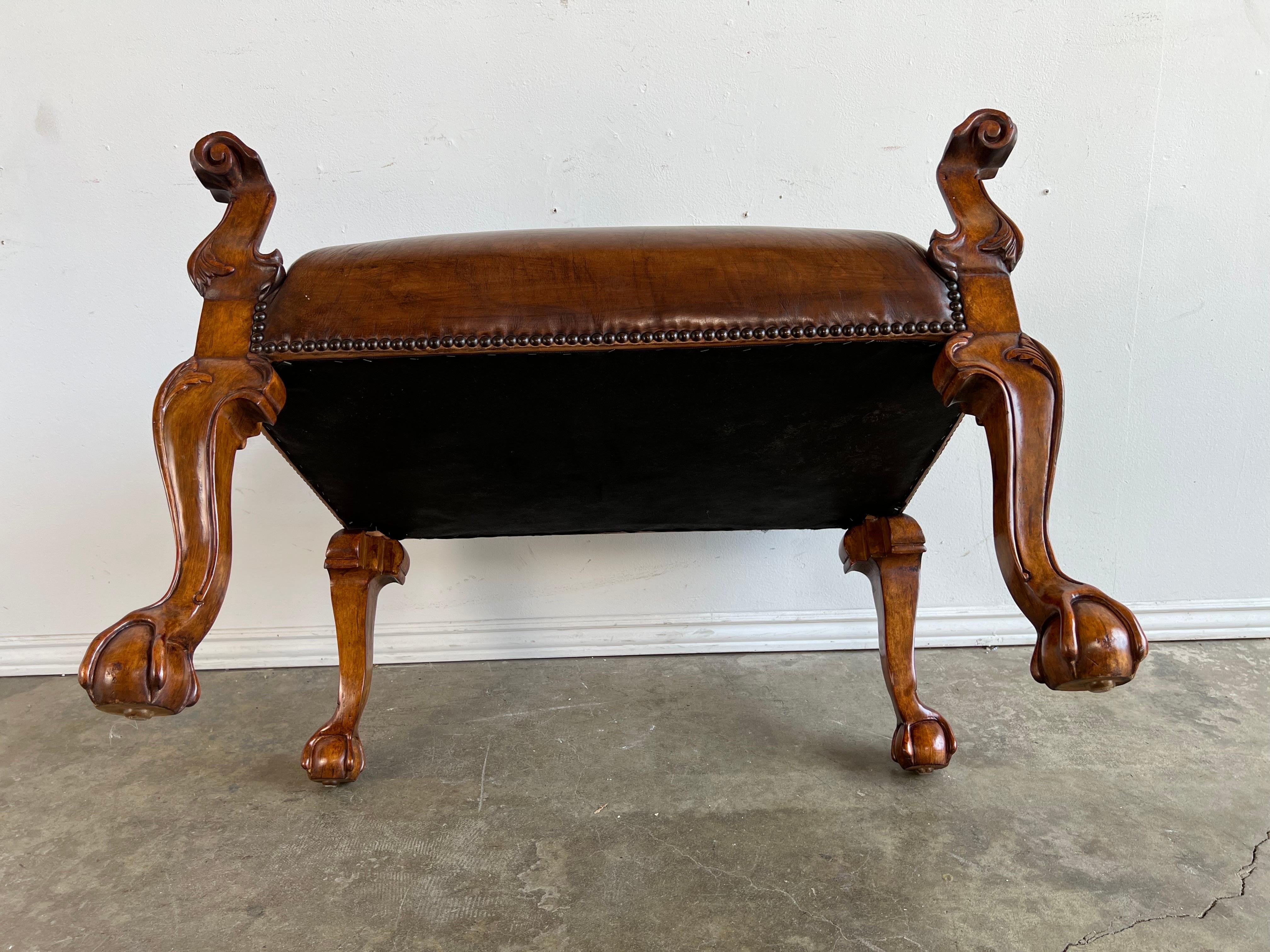 Pair of English Walnut Finished Leather Benches For Sale 11