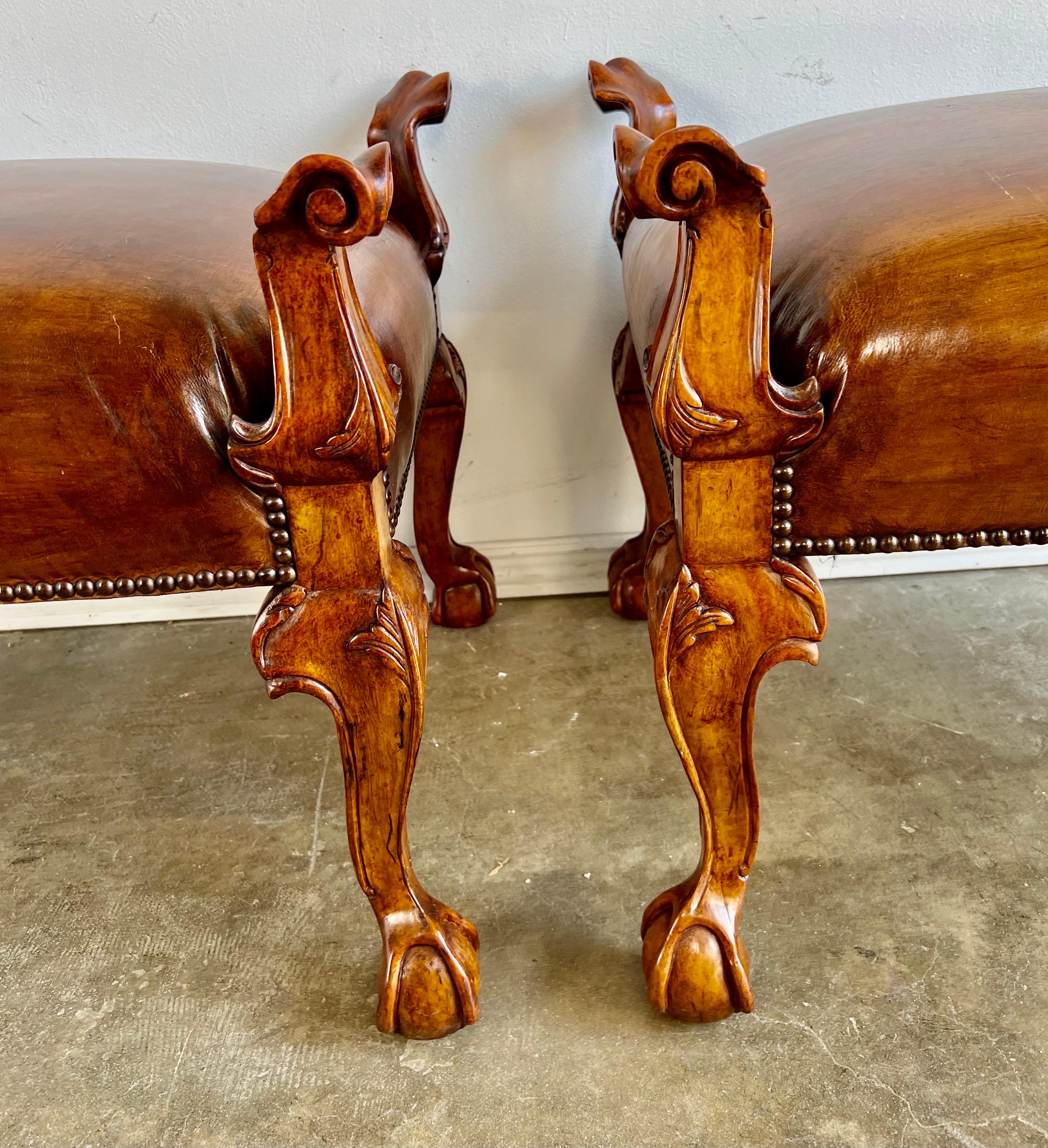 Regency Pair of English Walnut Finished Leather Benches For Sale