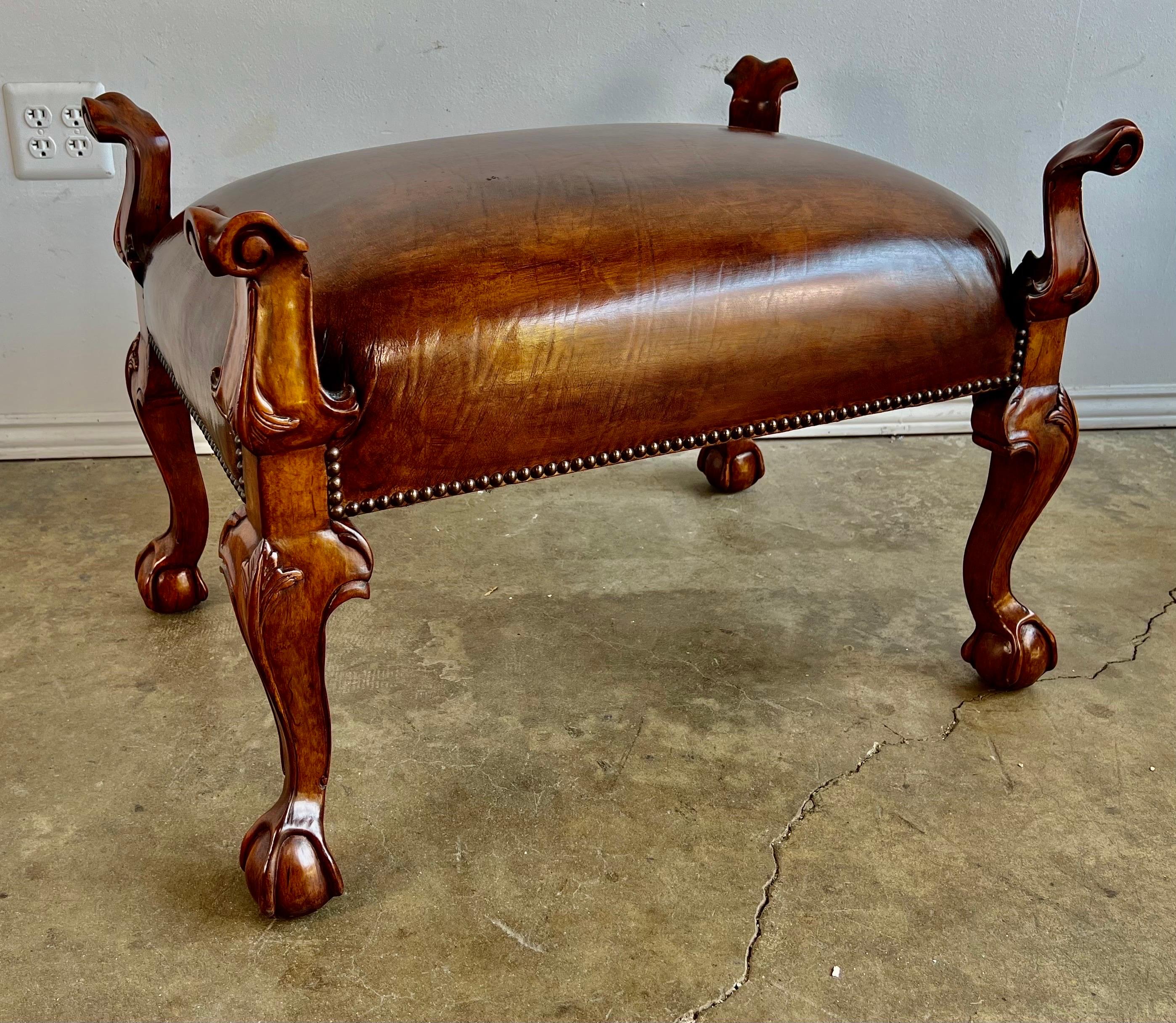 Pair of English Walnut Finished Leather Benches For Sale 1