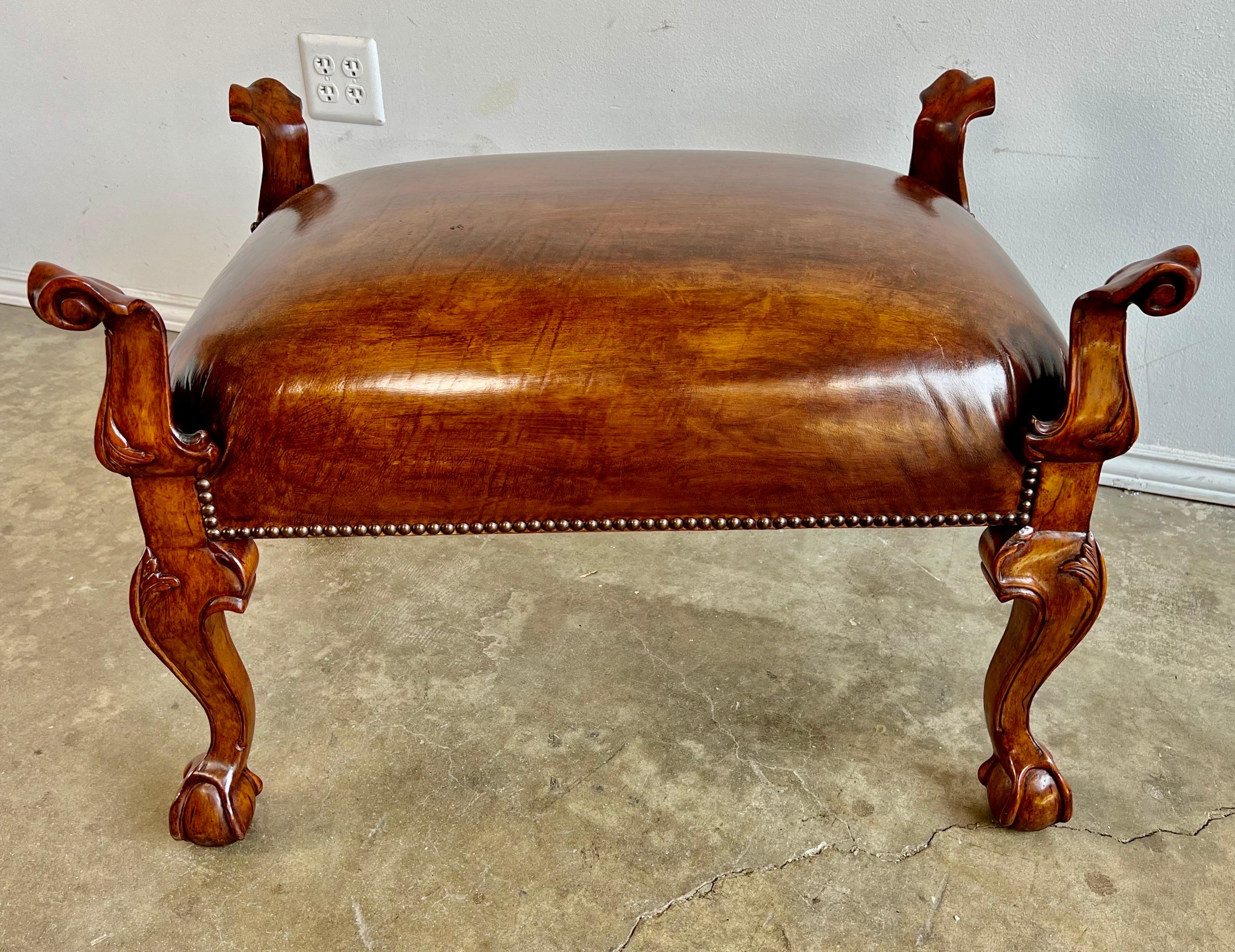 Pair of English Walnut Finished Leather Benches For Sale 2