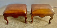 Pair of English Walnut Leather Benches W/ Nailhead Trim Detail