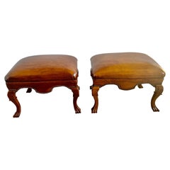 Pair of English Walnut Leather Benches W/ Nailhead Trim Detail Pair of English Walnut Leather Benches W/ Nailhead Trim Detail