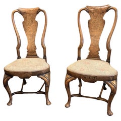 Pair of English Walnut Queen Anne Style Side Chairs by W. Charles Tozer, London