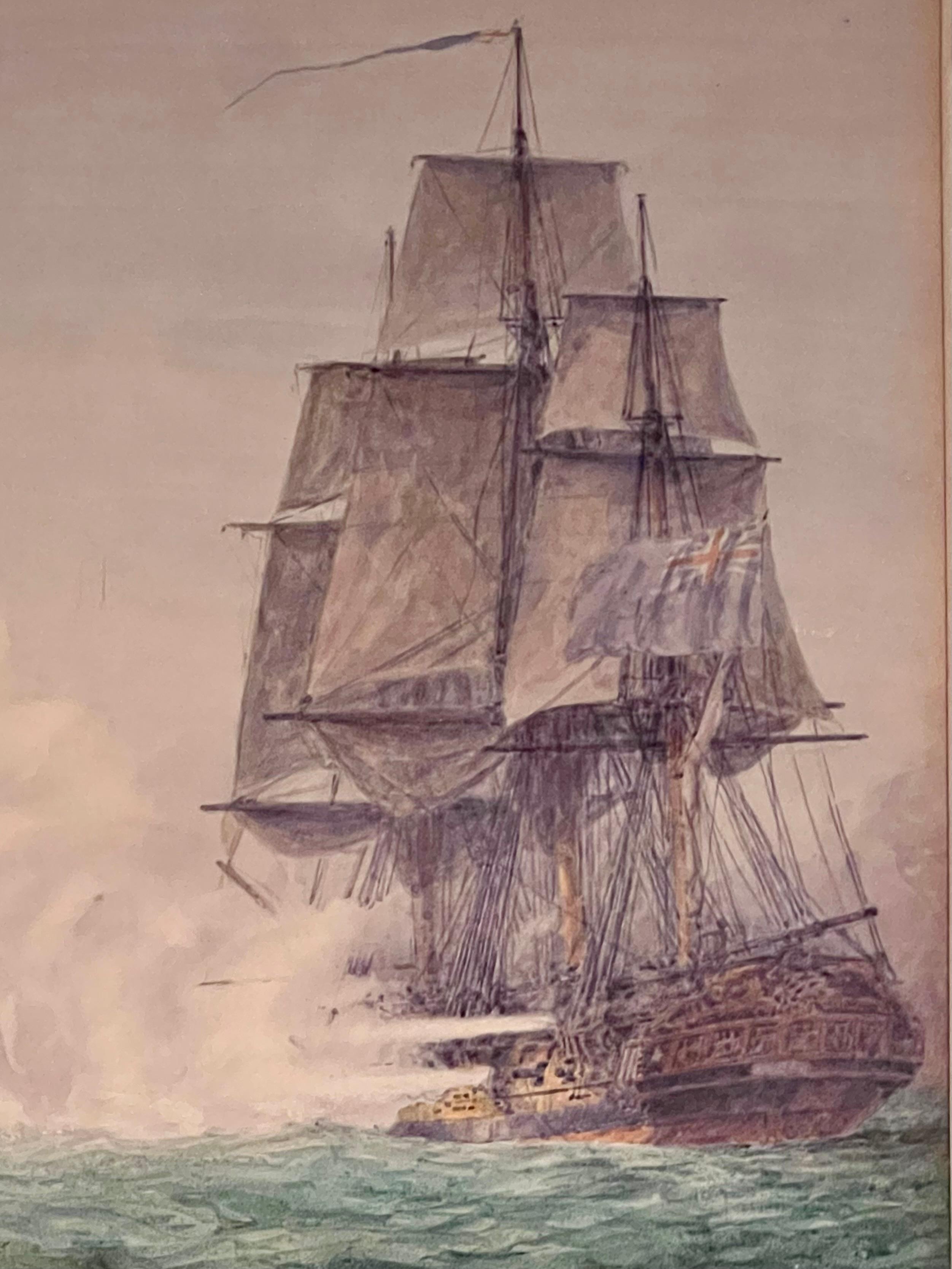 Paire d'aquarelles anglaises des batailles navales d'Irwin Bevans dans des cadres en bois doré en vente 5