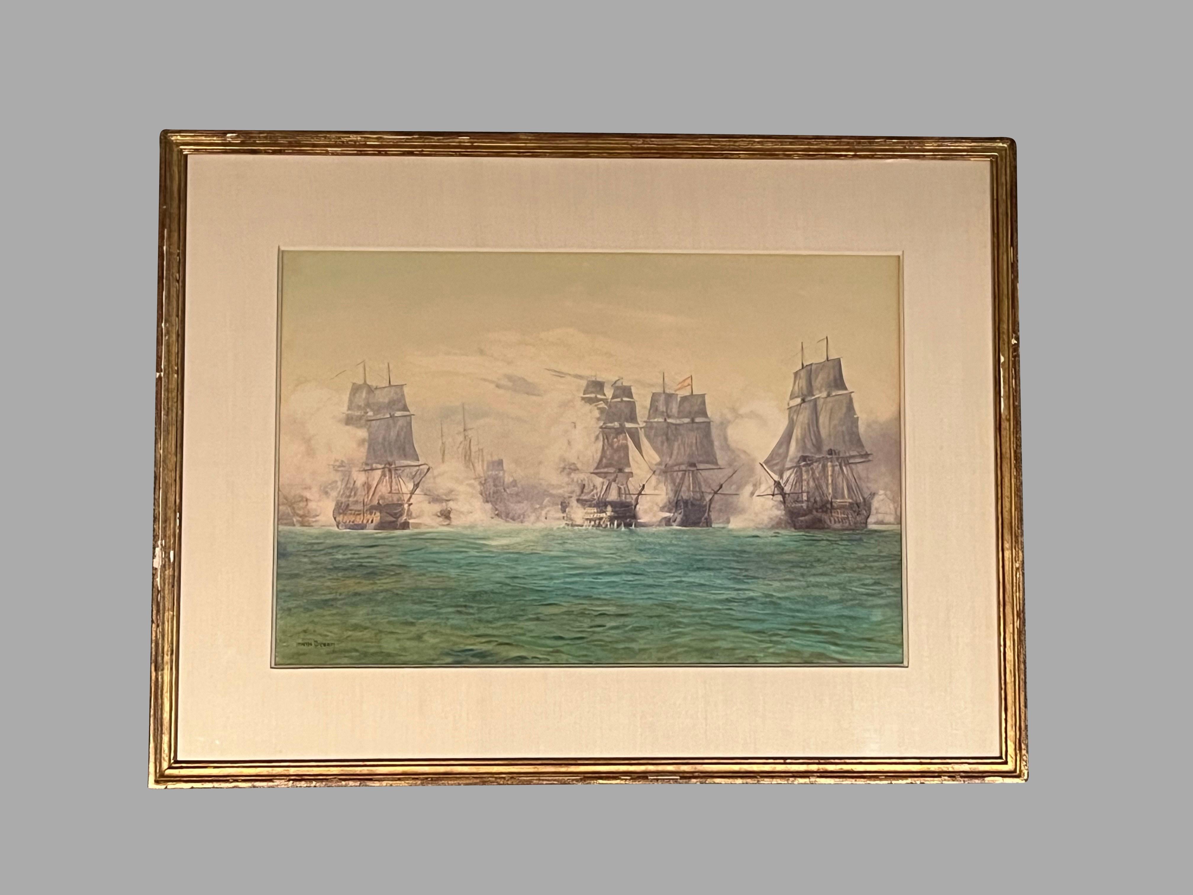 IRWIN John David Bevan (anglais 1852-1940) 
Paire d'aquarelles anglaises sur papier représentant des batailles navales. Les tableaux portent les inscriptions suivantes sur les versos :
Le premier : Royal Sovereign à Trafalgar subissant le feu de 5
