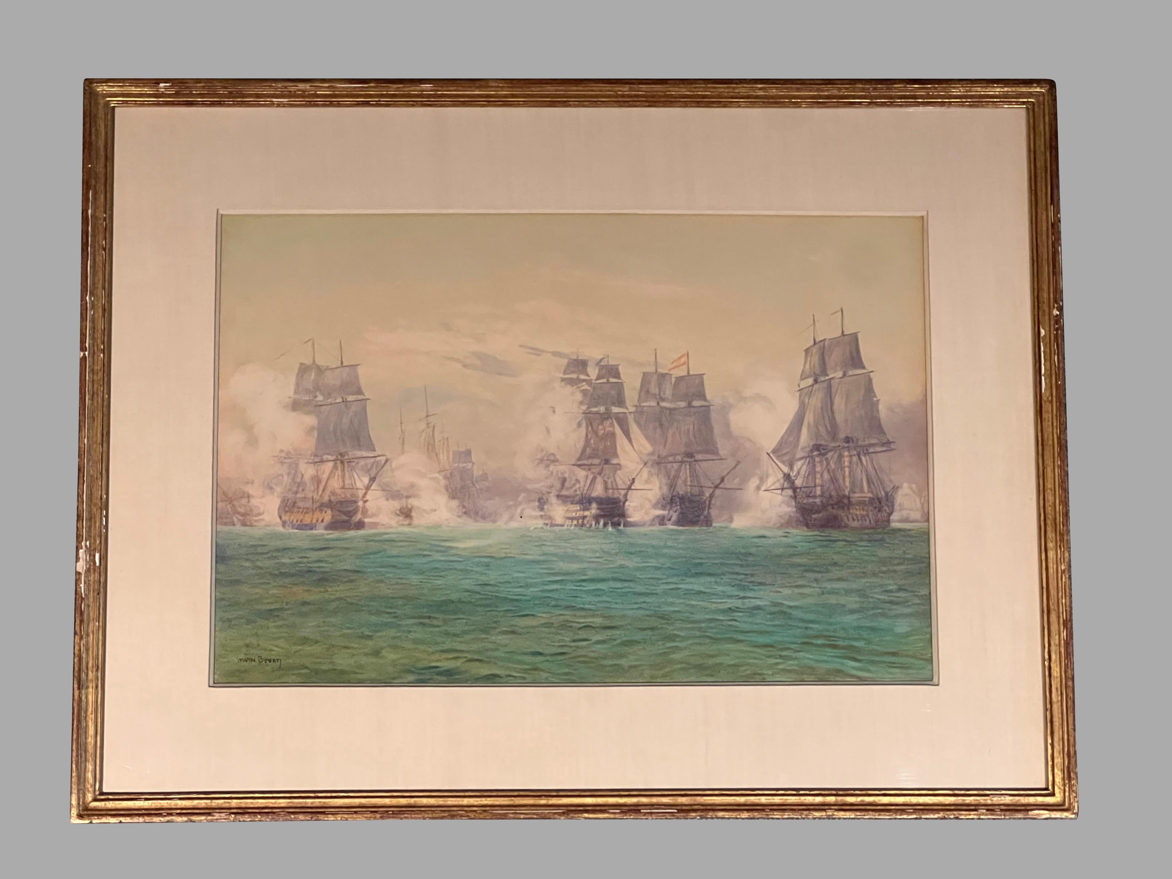 Georgien Paire d'aquarelles anglaises des batailles navales d'Irwin Bevans dans des cadres en bois doré en vente