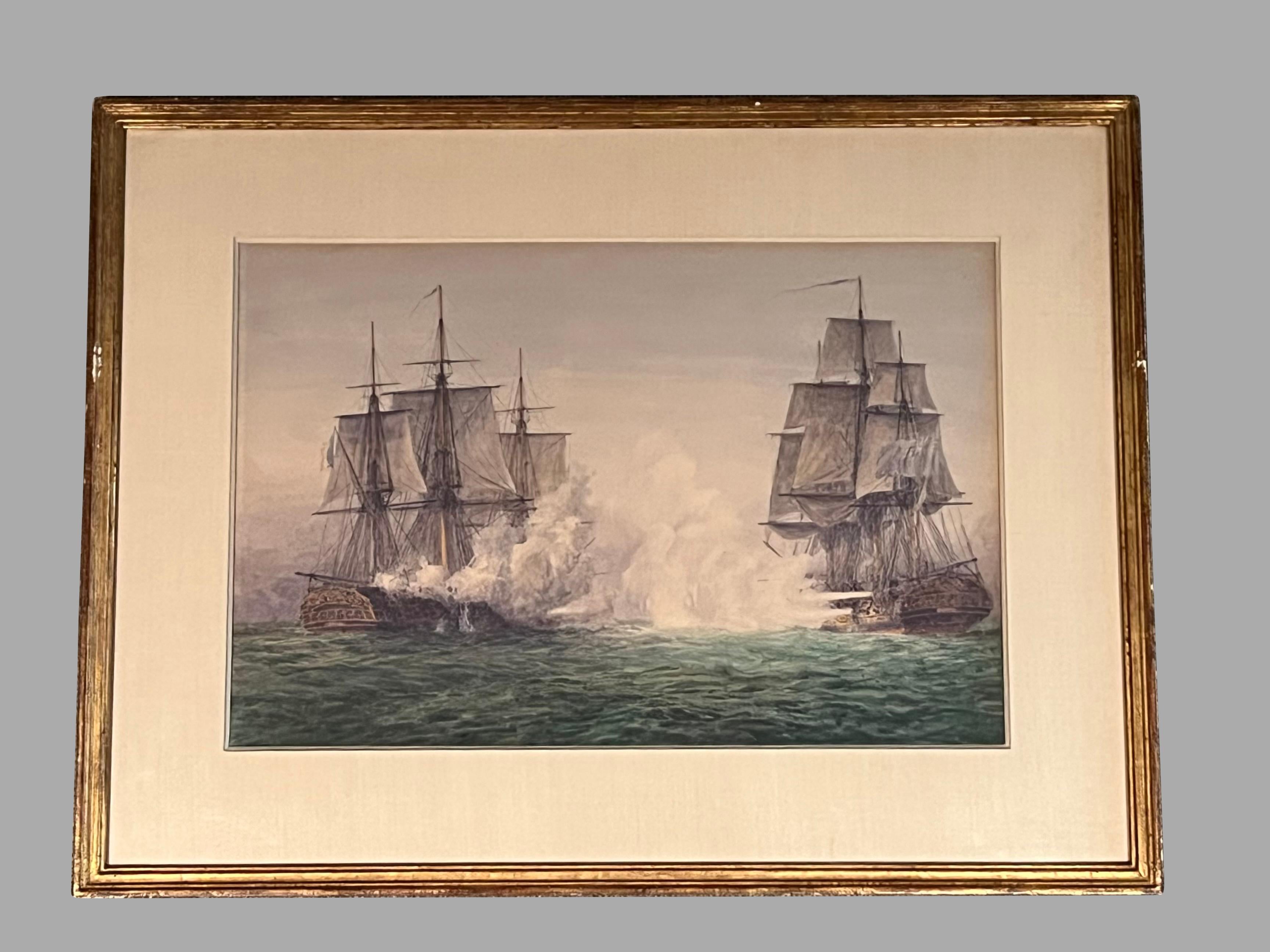Paire d'aquarelles anglaises des batailles navales d'Irwin Bevans dans des cadres en bois doré Bon état - En vente à San Francisco, CA