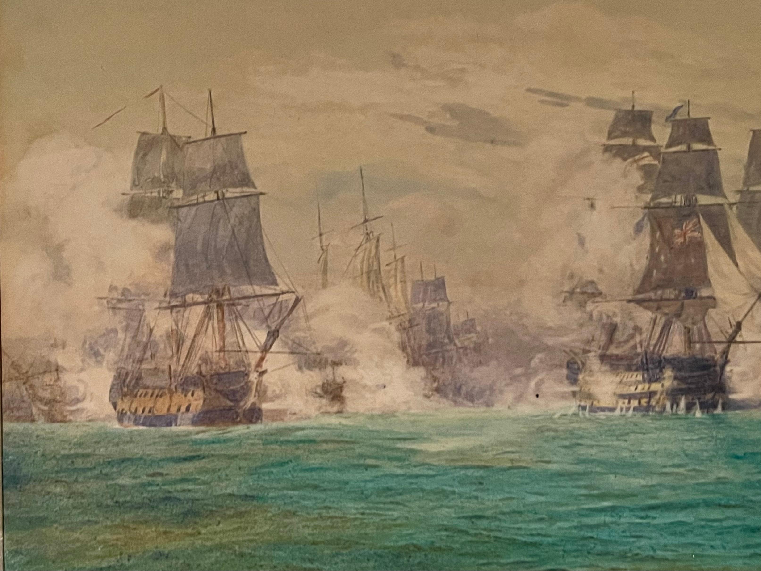 XIXe siècle Paire d'aquarelles anglaises des batailles navales d'Irwin Bevans dans des cadres en bois doré en vente