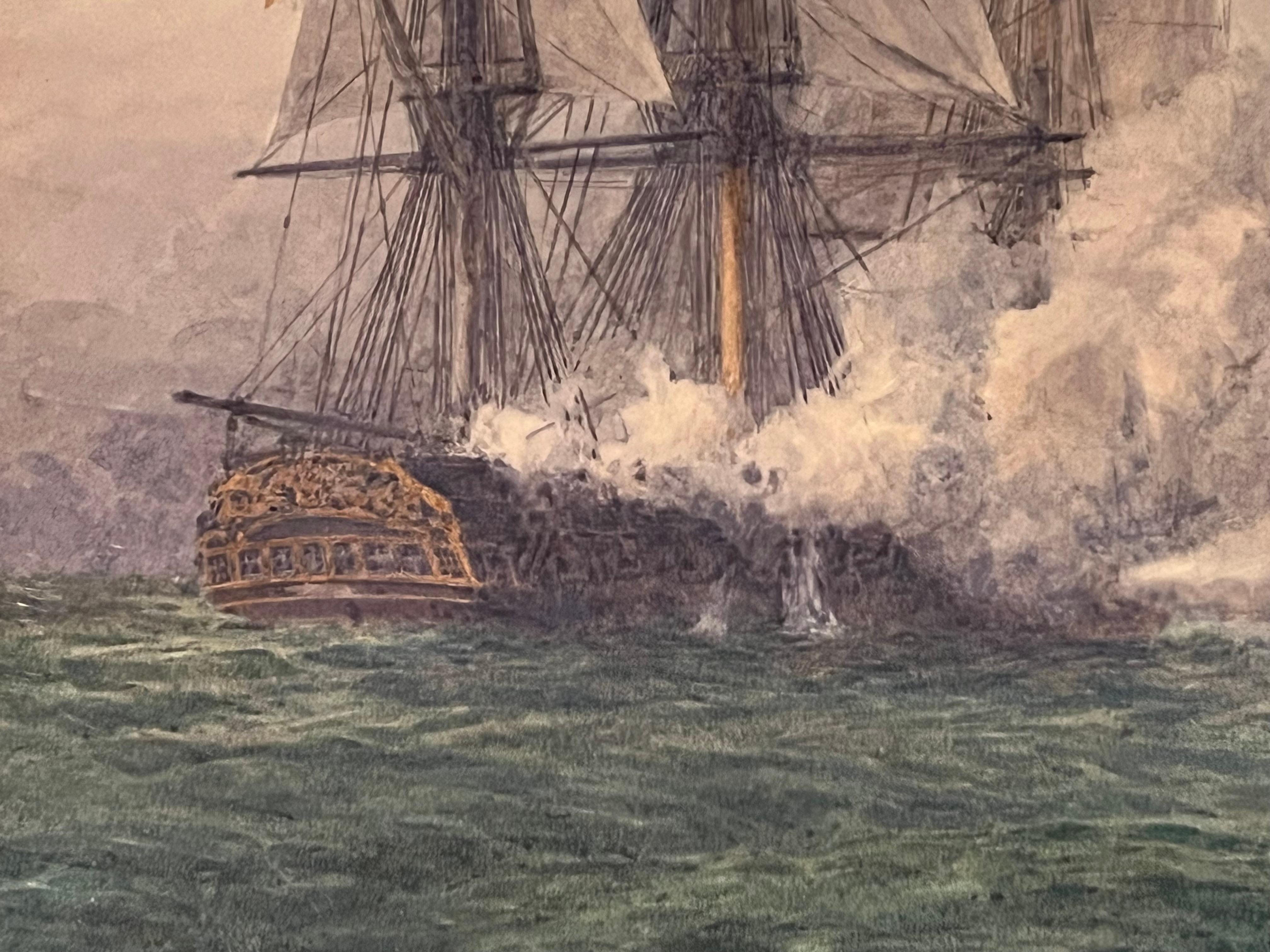 Paire d'aquarelles anglaises des batailles navales d'Irwin Bevans dans des cadres en bois doré en vente 1