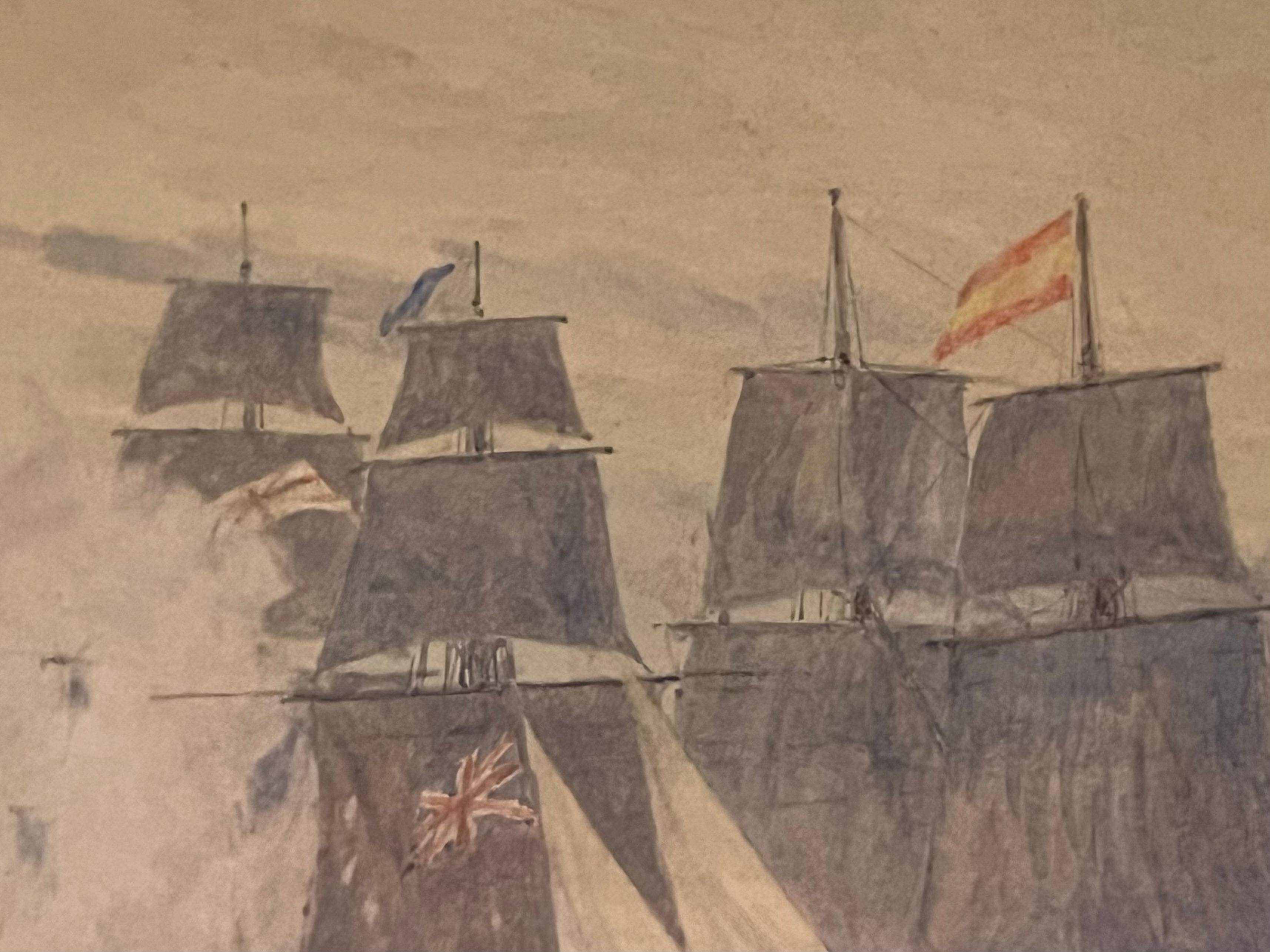 Paire d'aquarelles anglaises des batailles navales d'Irwin Bevans dans des cadres en bois doré en vente 2
