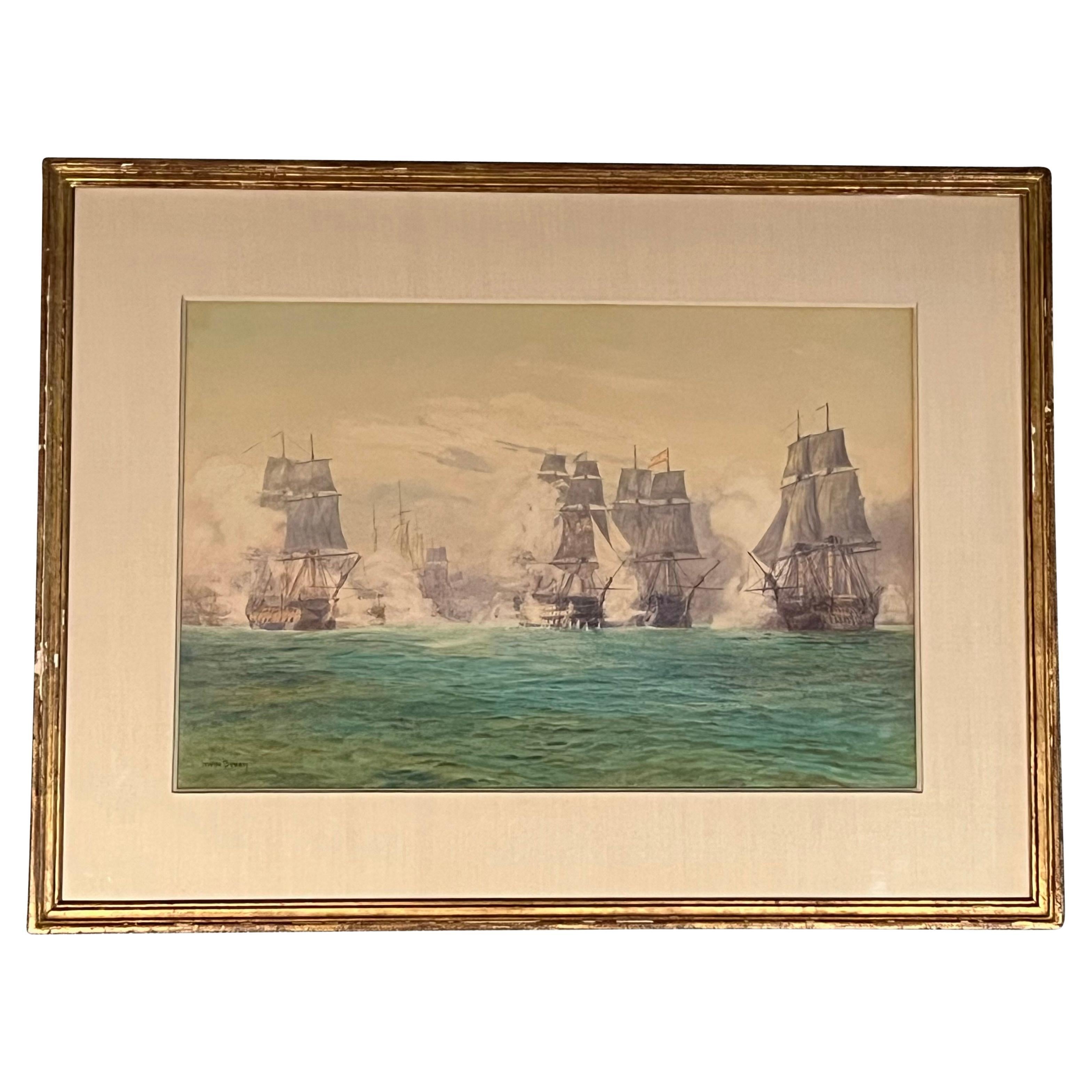 Pair of English Watercolors of Naval Battles by Irwin Bevans in Giltwood Frames