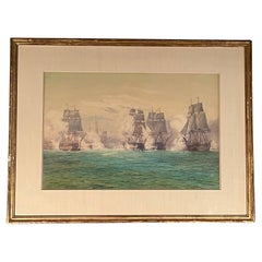 Paire d'aquarelles anglaises des batailles navales d'Irwin Bevans dans des cadres en bois doré