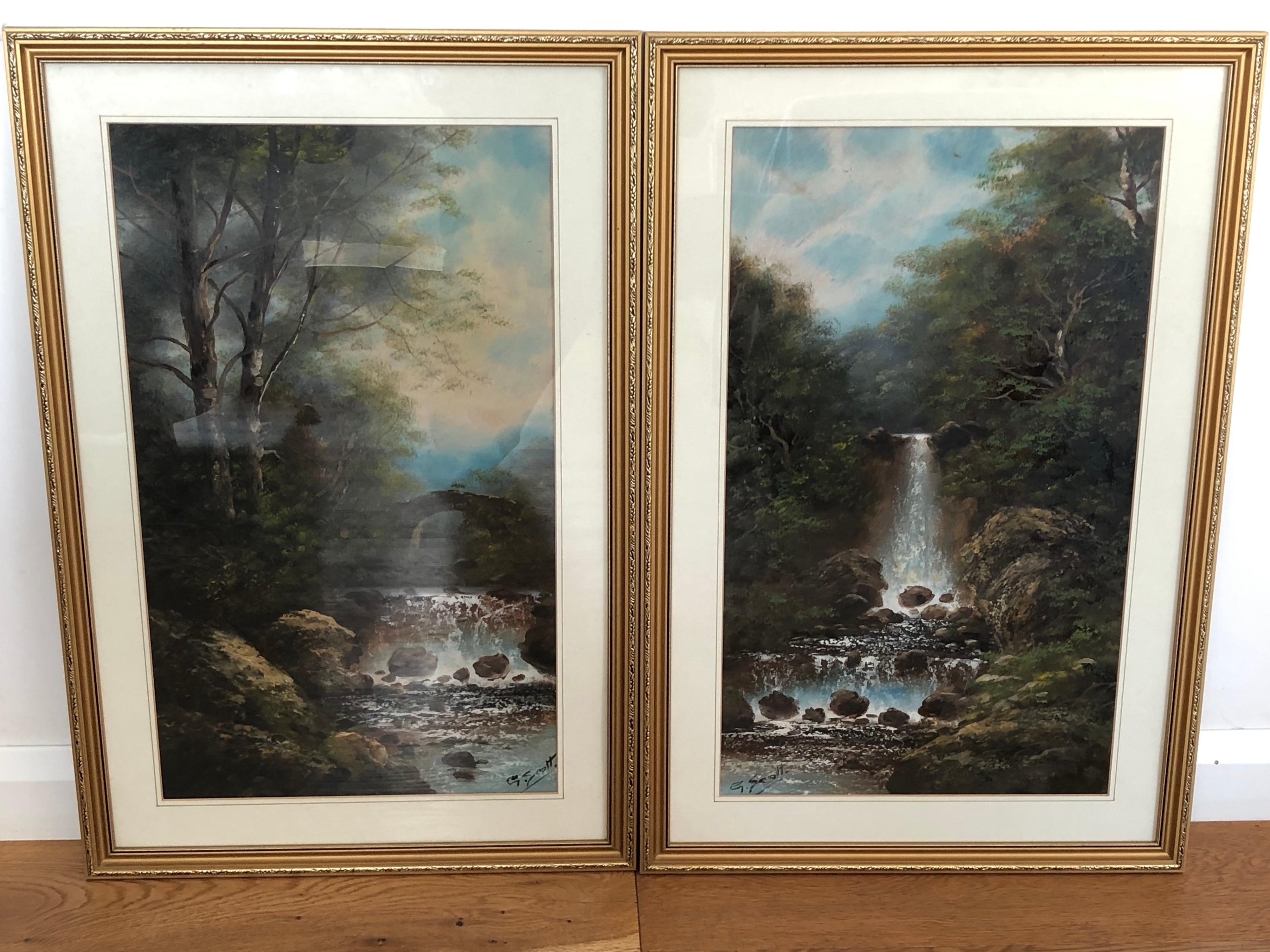 A pair of early 20th century English landscapes. Watercolor on board, fair condition behind glass. Signed G Scott

Measures: Images 24