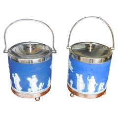 Pair of English Wedgewood Figural & Foliage Silver Plate Biscuit Barrels, C 1870