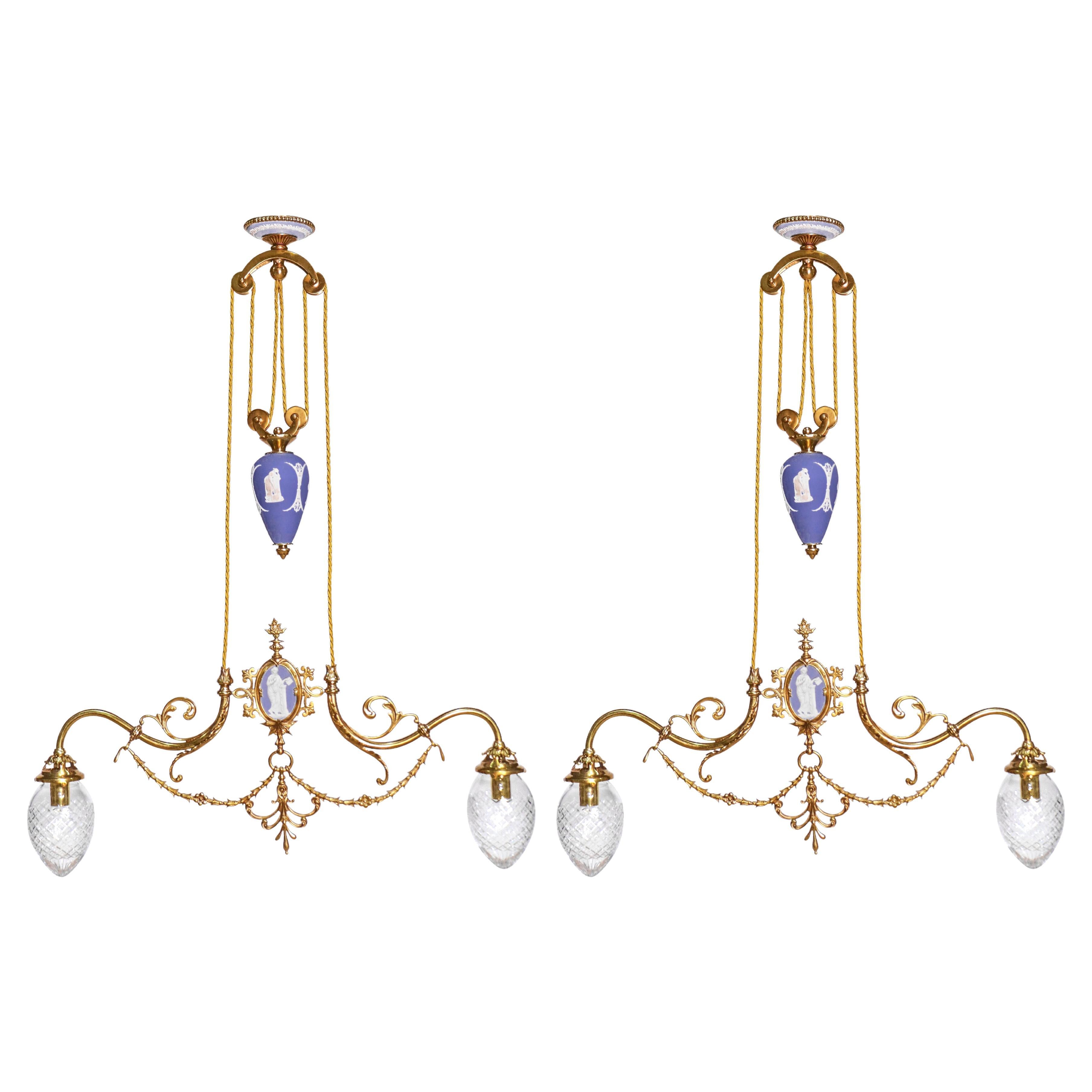 Pair of English Wedgwood Two-Arm Chandeliers For Sale