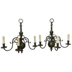 Pair of English Williamsburg Cast Brass Three Light Sconces, Late 19th Century