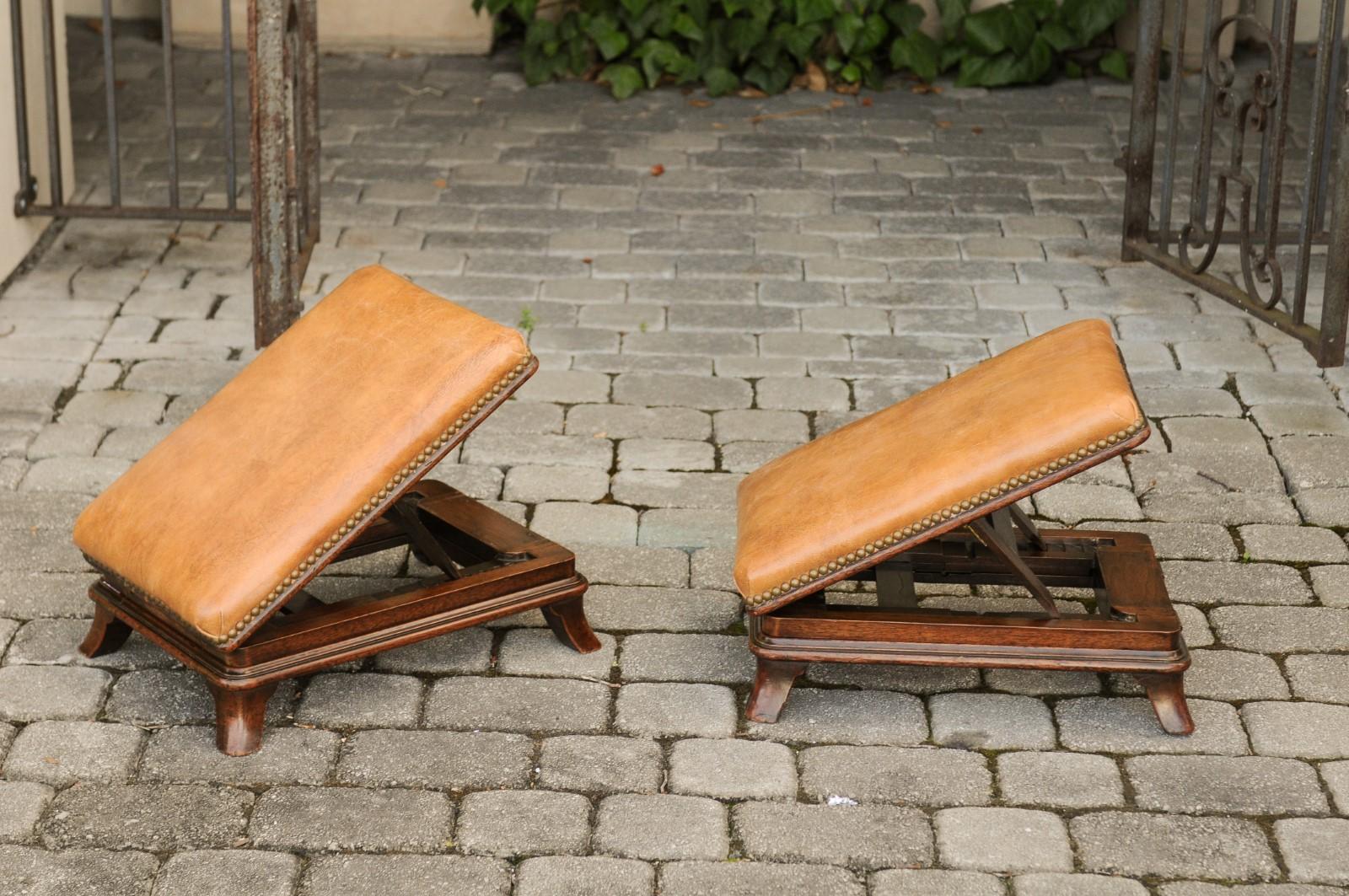 Brass Pair of English Wooden Metamorphic Footstools with Leather Tops, circa 1860 For Sale
