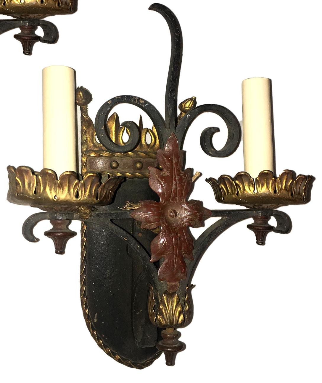 Mid-20th Century Pair of English Wrought Iron Sconces For Sale