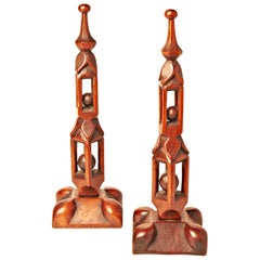 Pair of English WWI Trench Art Hand Carved Treen Puzzle Obelisks