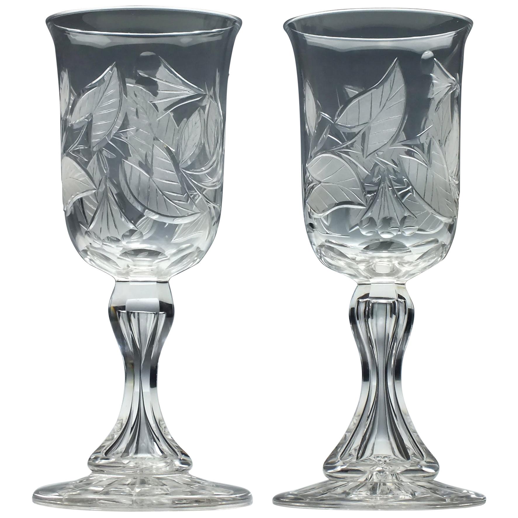 Pair of Engraved 19th Century Richardson Glass Wine Goblets, circa 1880 For Sale