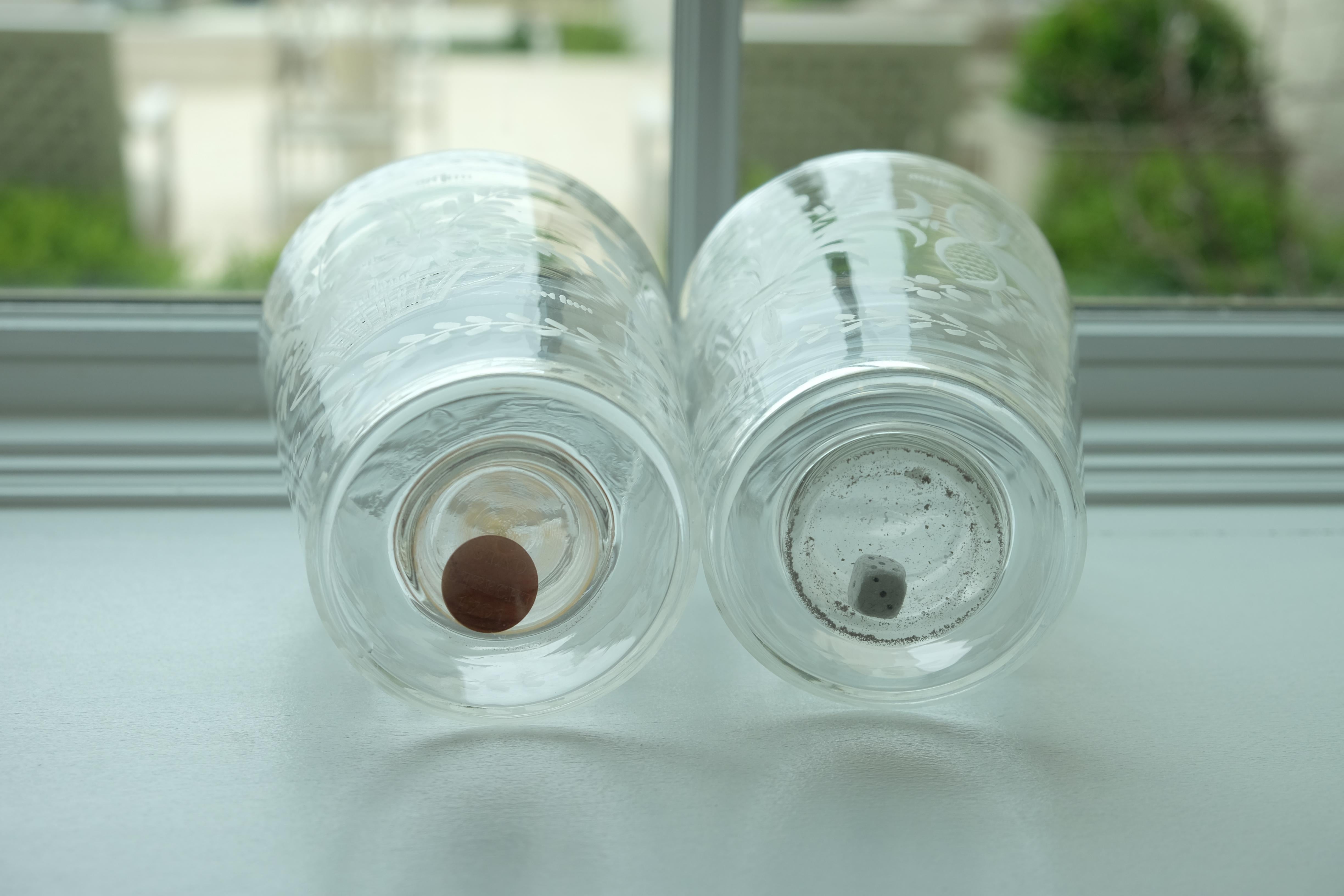 Pair of Engraved Armorial Beakers with Dice and Coin In Good Condition For Sale In  Richmond, VA