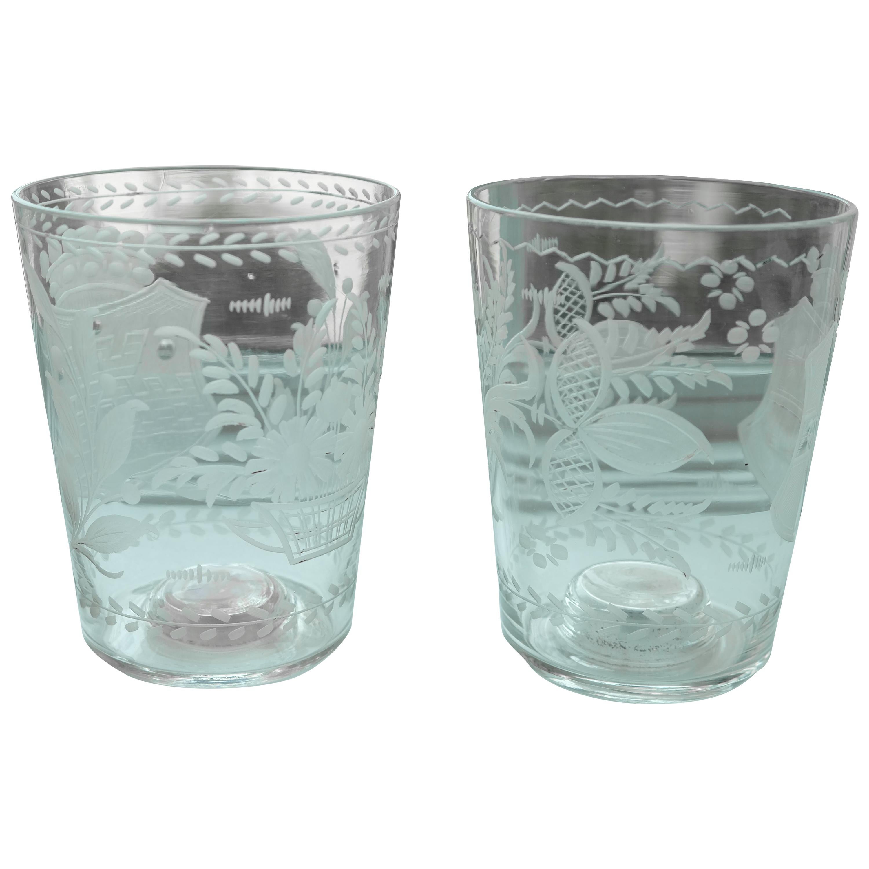 Pair of Engraved Armorial Beakers with Dice and Coin For Sale