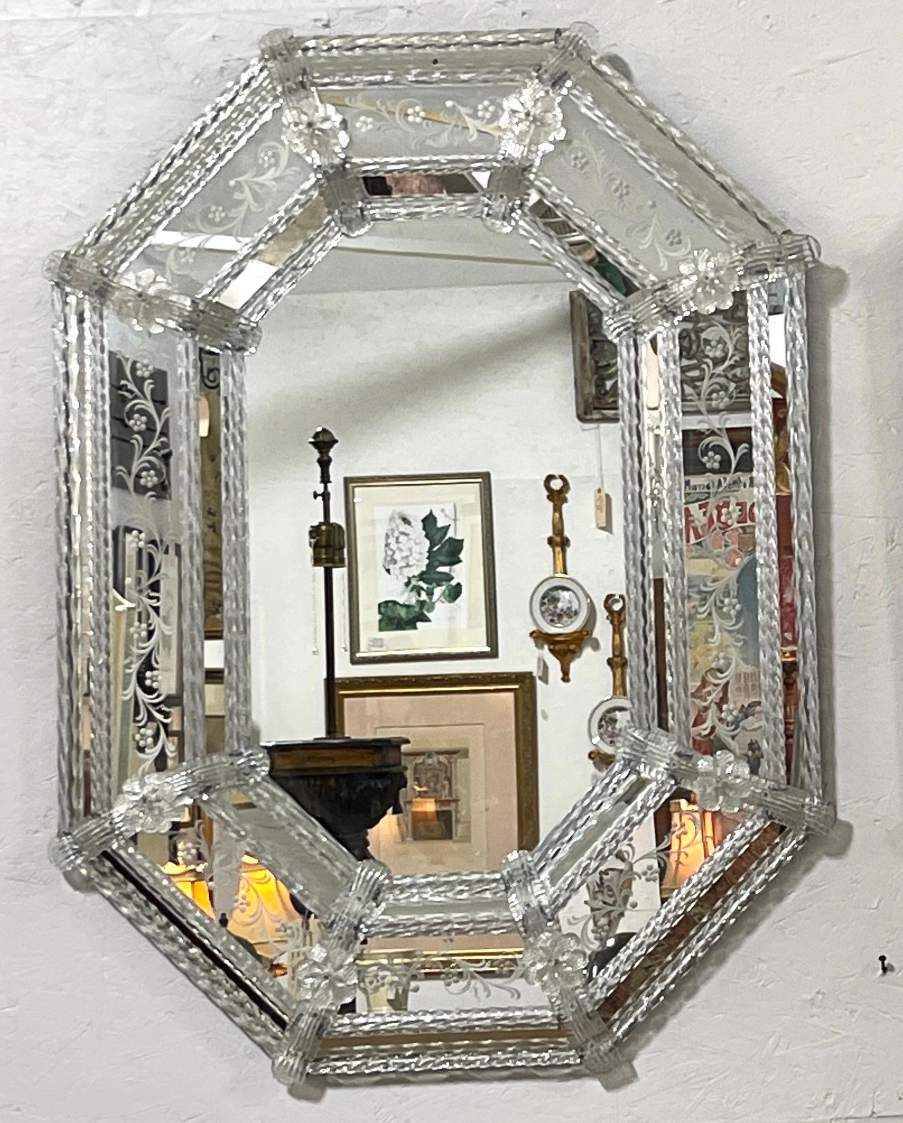 Italian Pair of Engraved Clear Venetian Glass Cushioned Mirrors