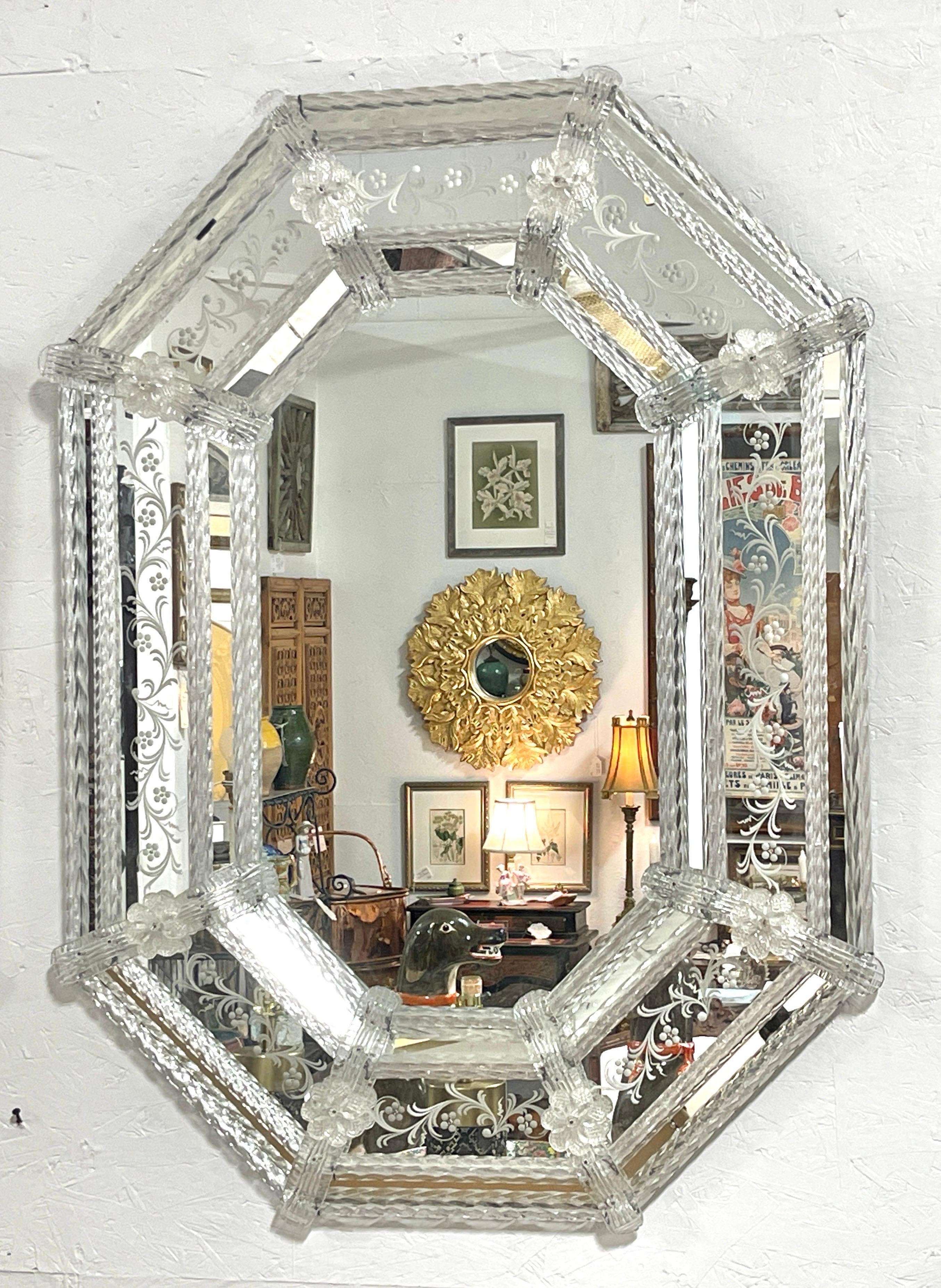 Pair of Engraved Clear Venetian Glass Cushioned Mirrors In Good Condition In West Palm Beach, FL