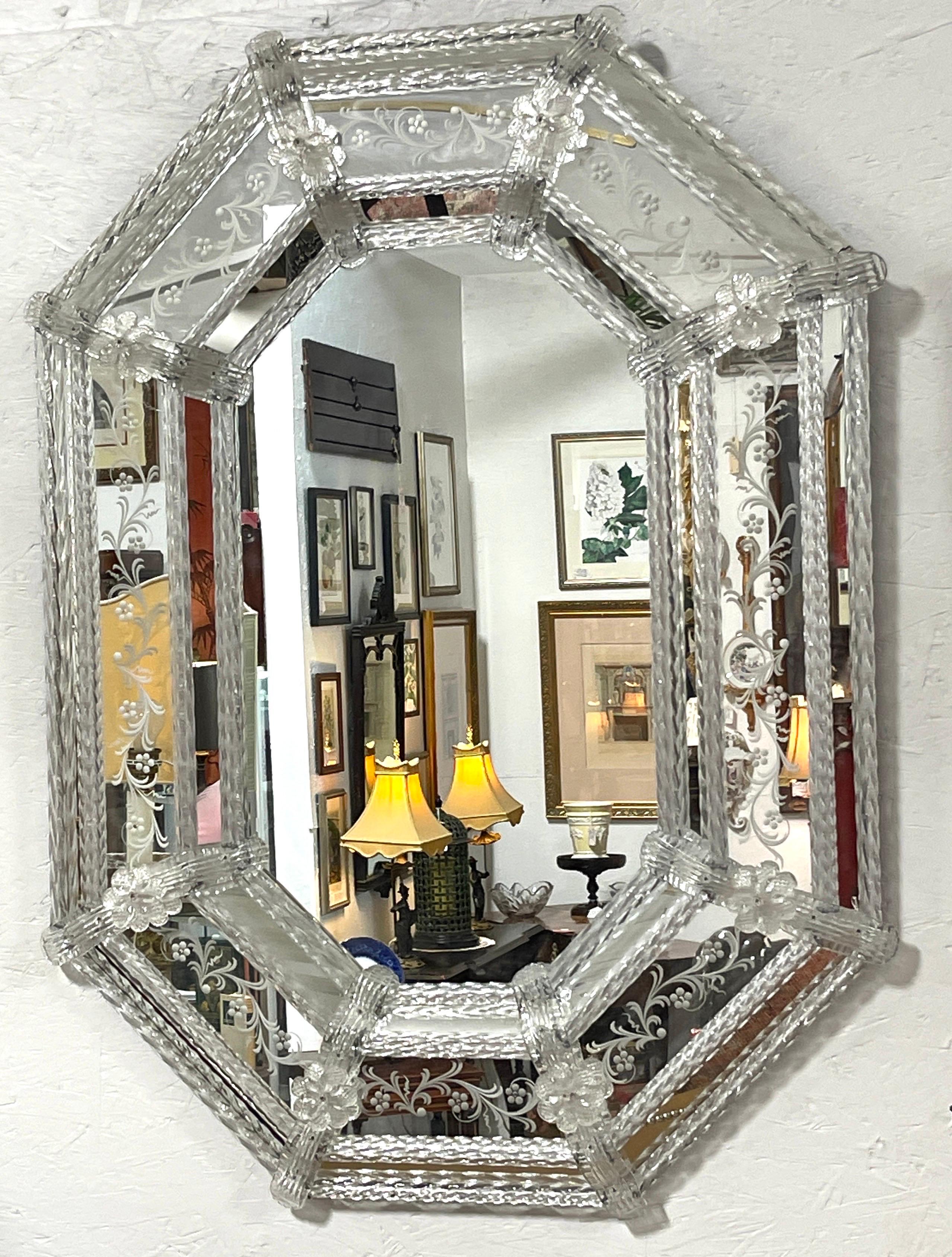 20th Century Pair of Engraved Clear Venetian Glass Cushioned Mirrors