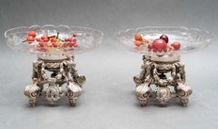 Pareja De Copas De Cristal Grabadas Sobre Soporte De Plata Maciza Siglo XIX