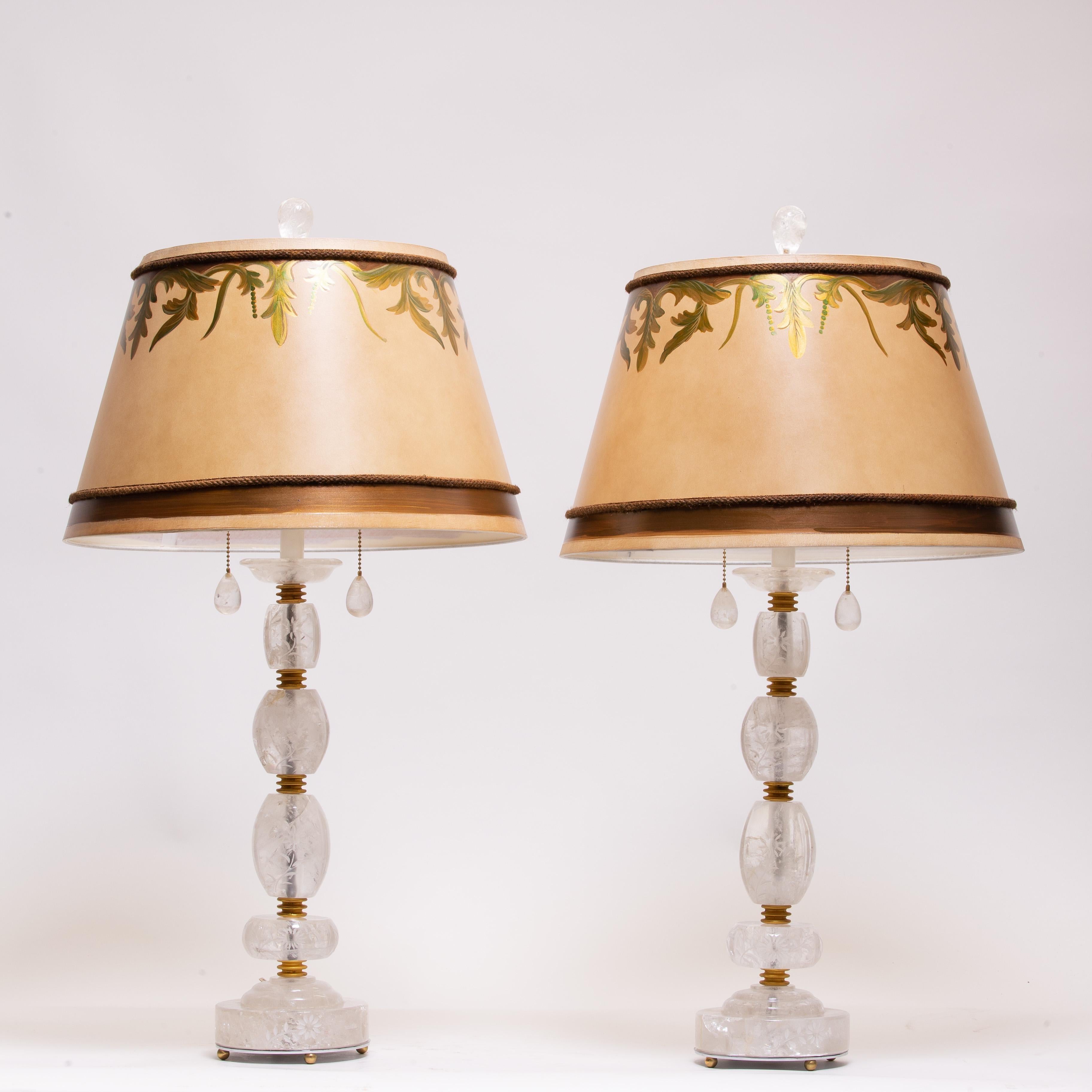 North American Pair of Engraved Rock Crystal Table Lamps For Sale