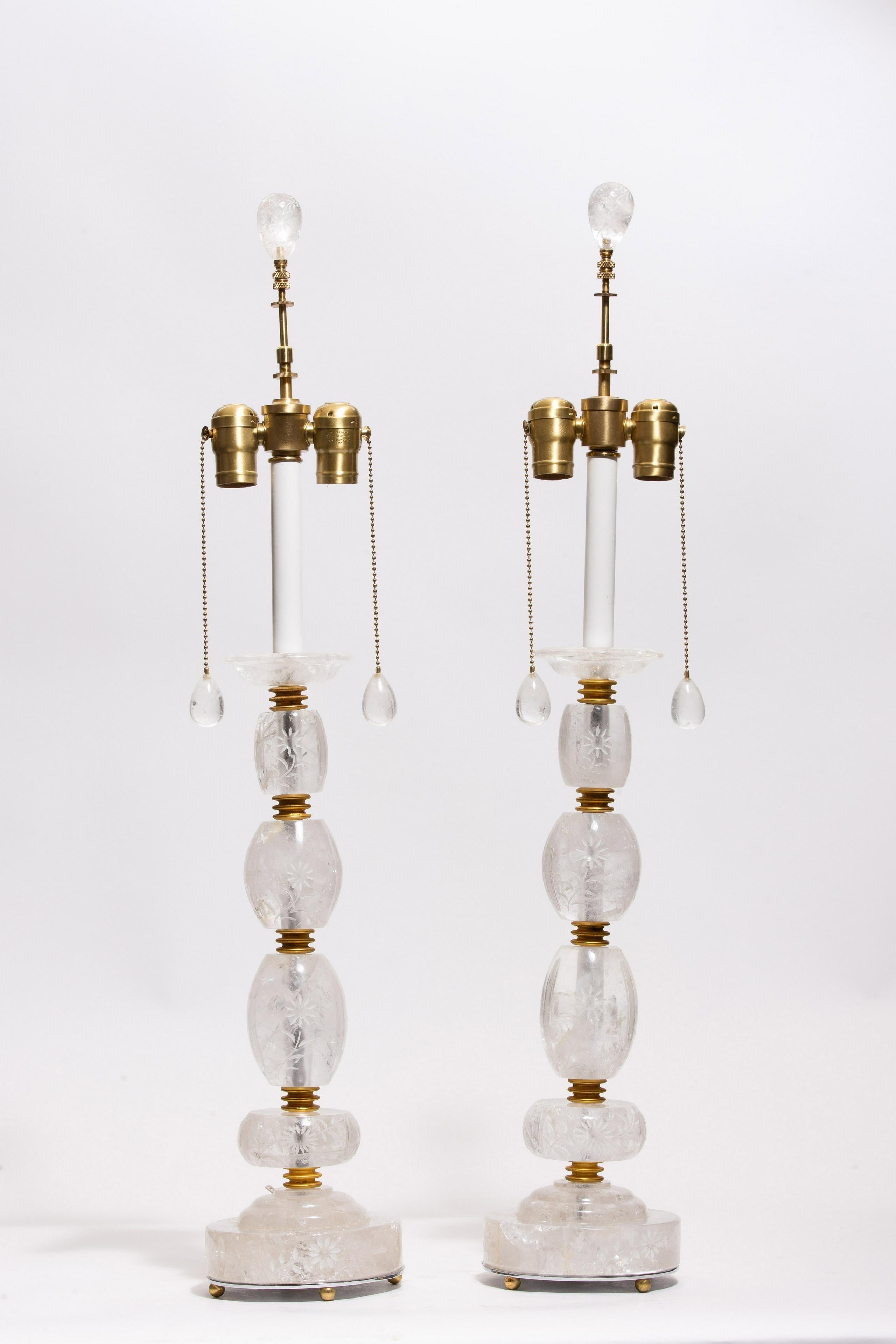 Hand-Carved Pair of Engraved Rock Crystal Table Lamps For Sale