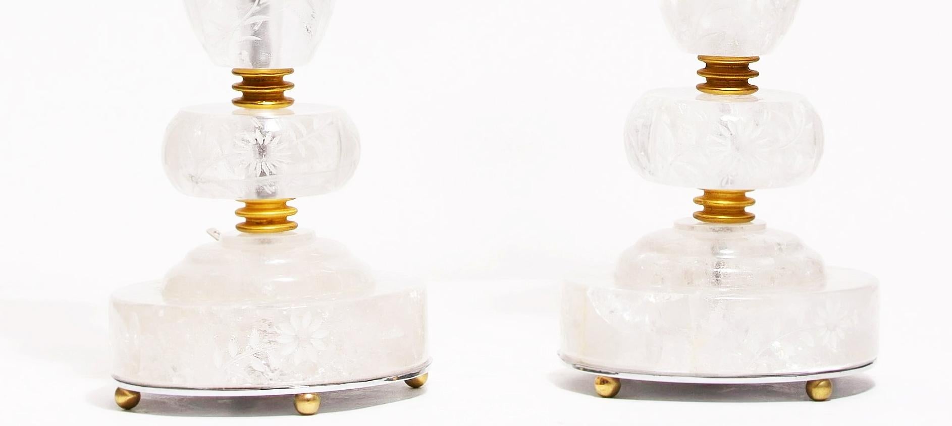 Pair of Engraved Rock Crystal Table Lamps For Sale 2