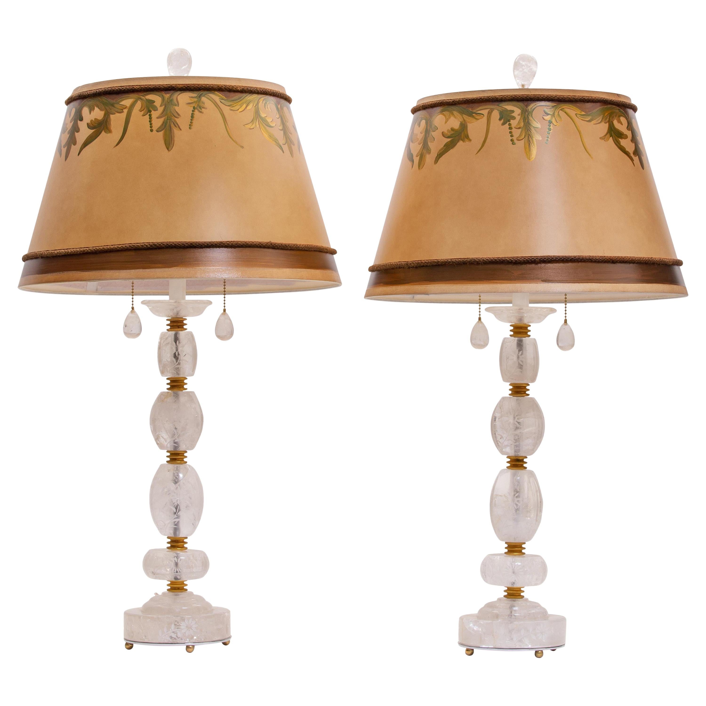 Pair of Engraved Rock Crystal Table Lamps For Sale