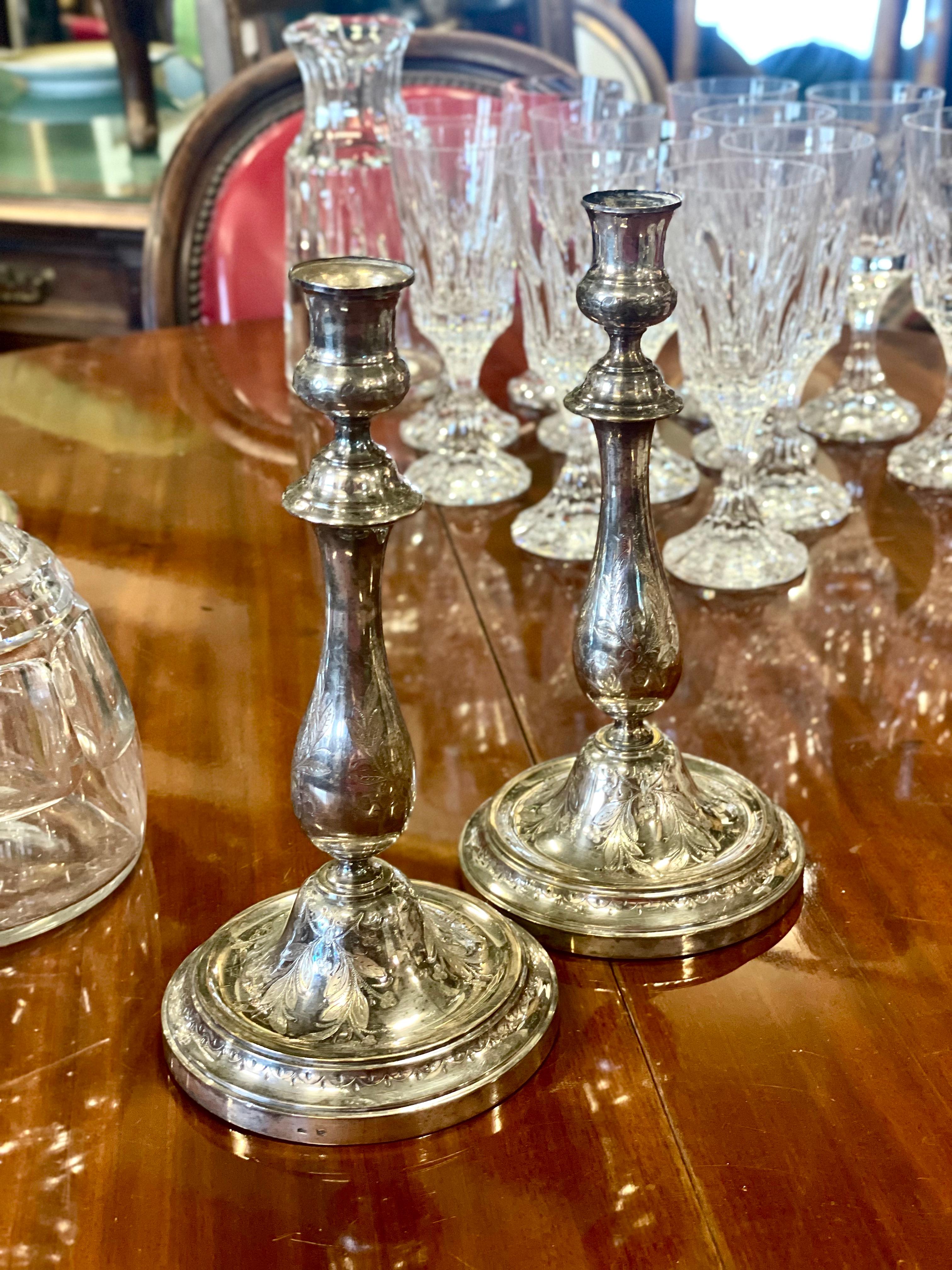 19th Century Pair of Parisian Engraved Silver Plated Candlestick Holders by Cailar Bayard For Sale