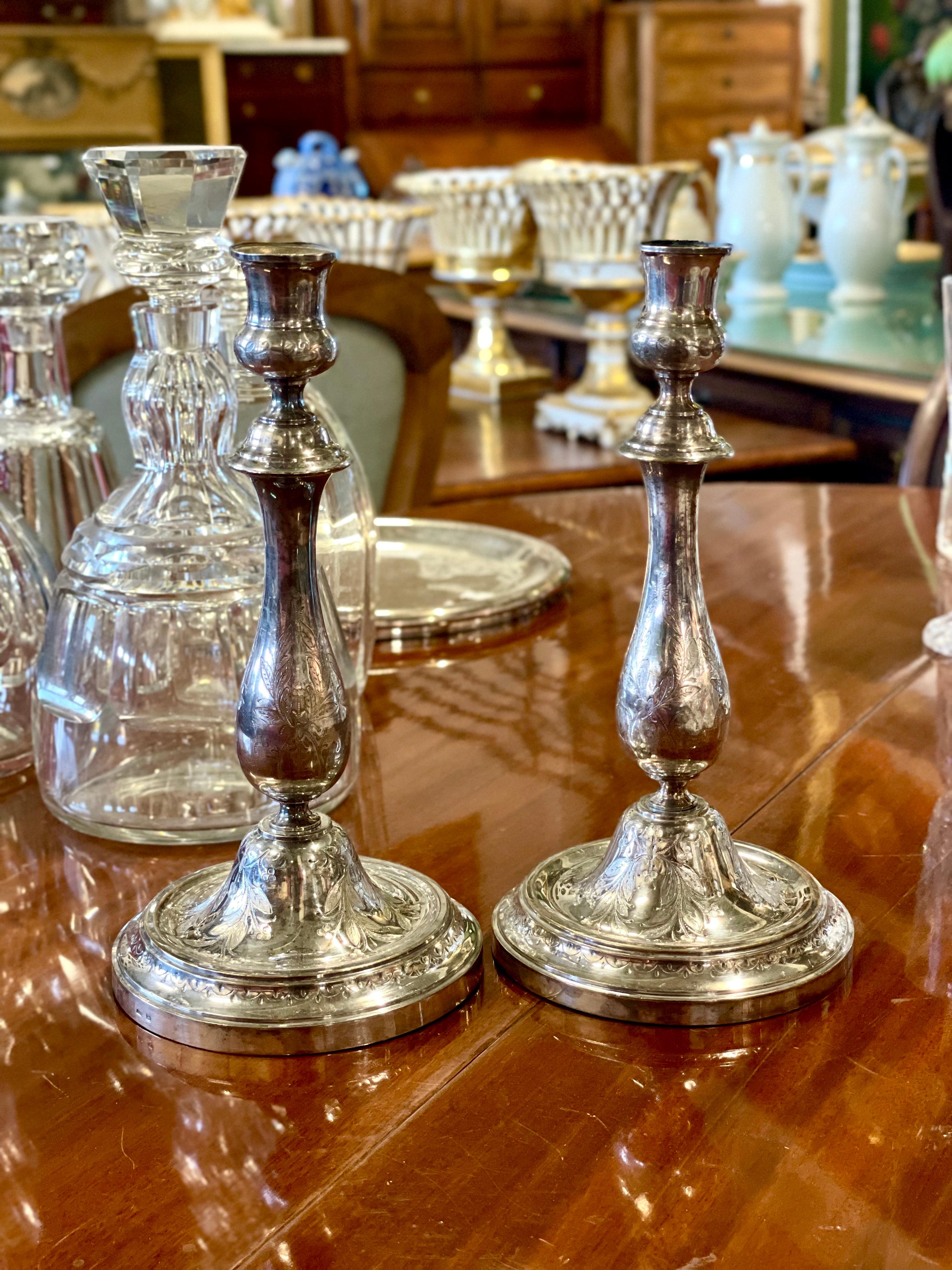 Pair of Parisian Engraved Silver Plated Candlestick Holders by Cailar Bayard For Sale 1