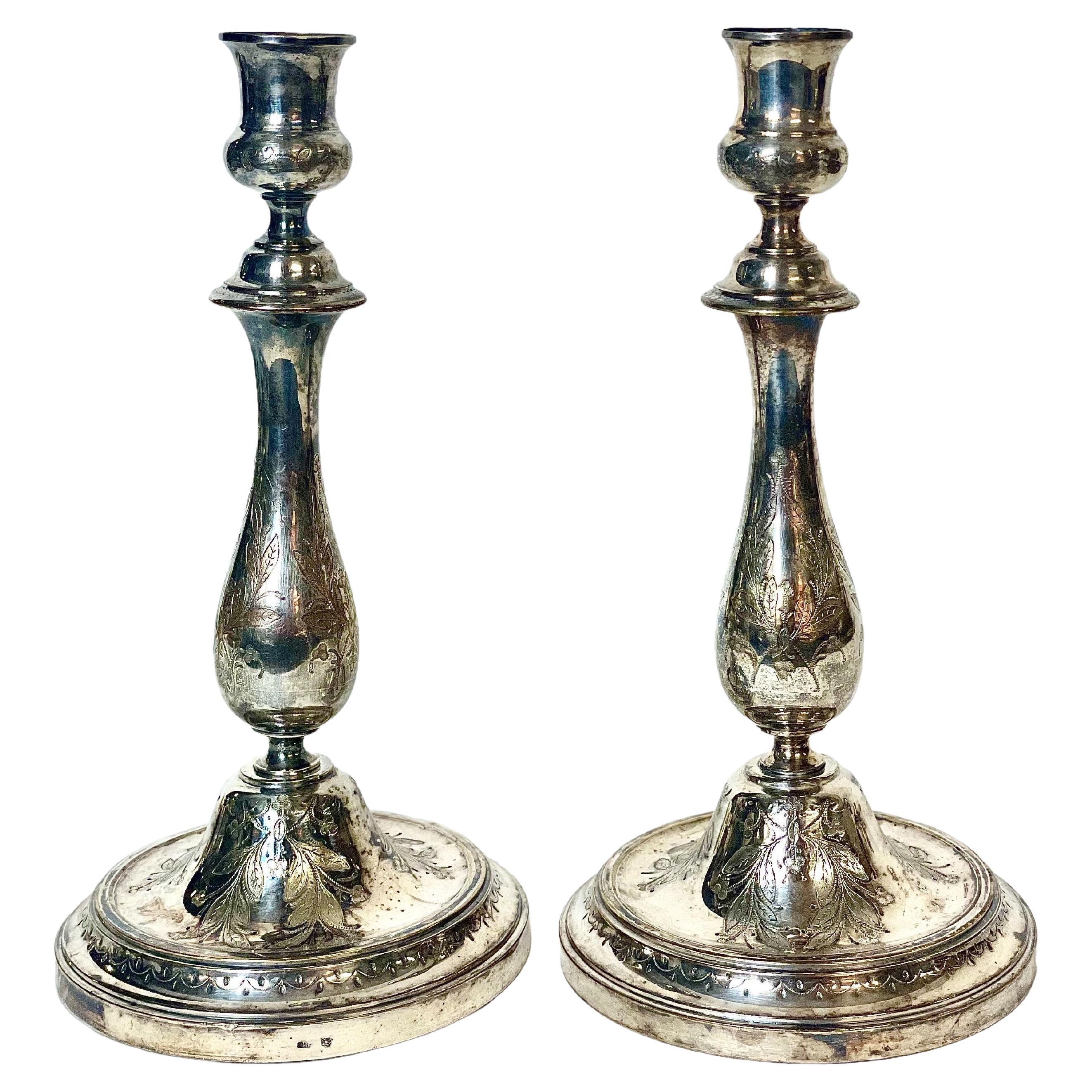 Pair of Parisian Engraved Silver Plated Candlestick Holders by Cailar Bayard For Sale