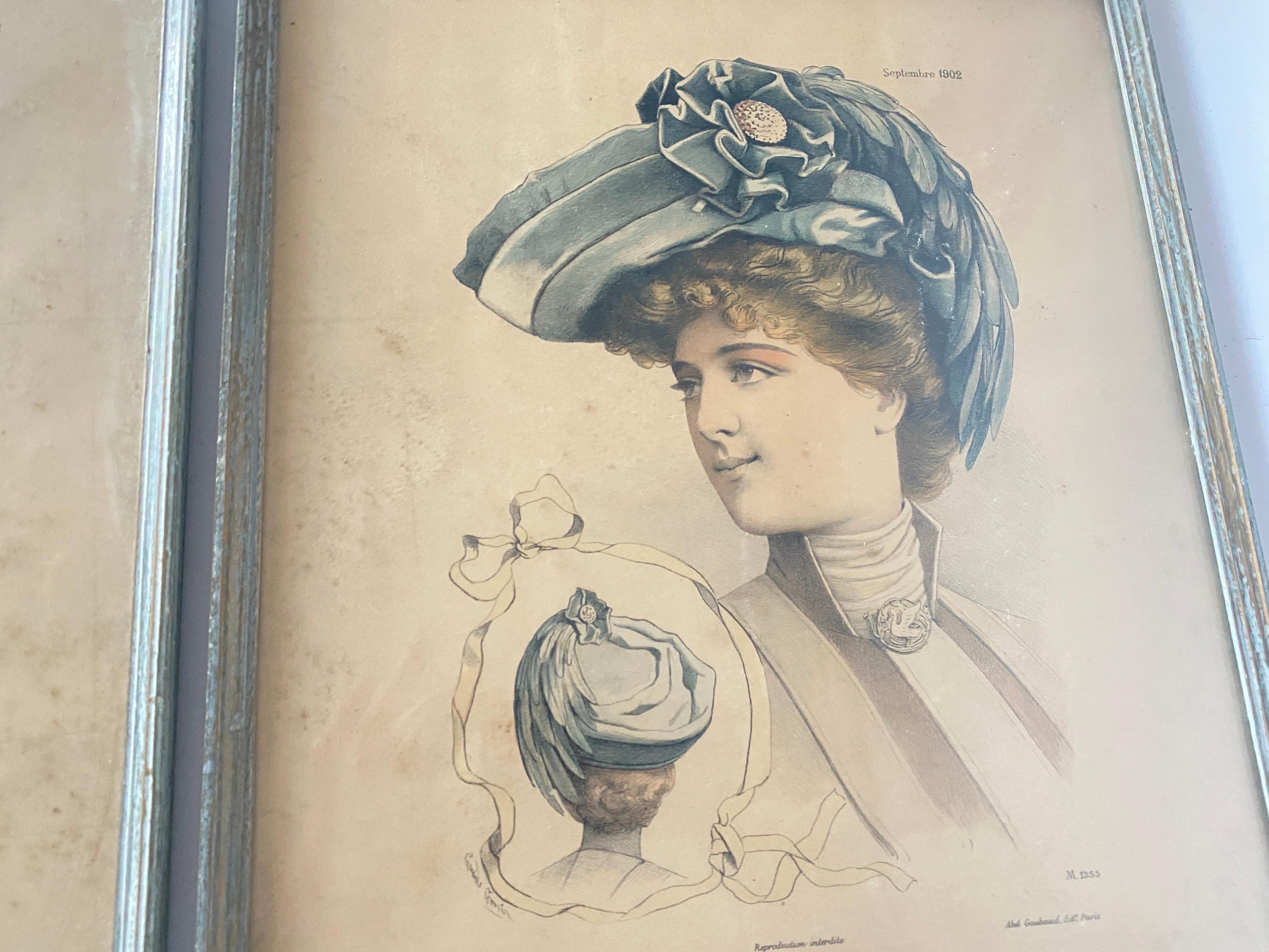 Pair of Engraving, Fashion Hat Work, Models, France 1902 For Sale 1
