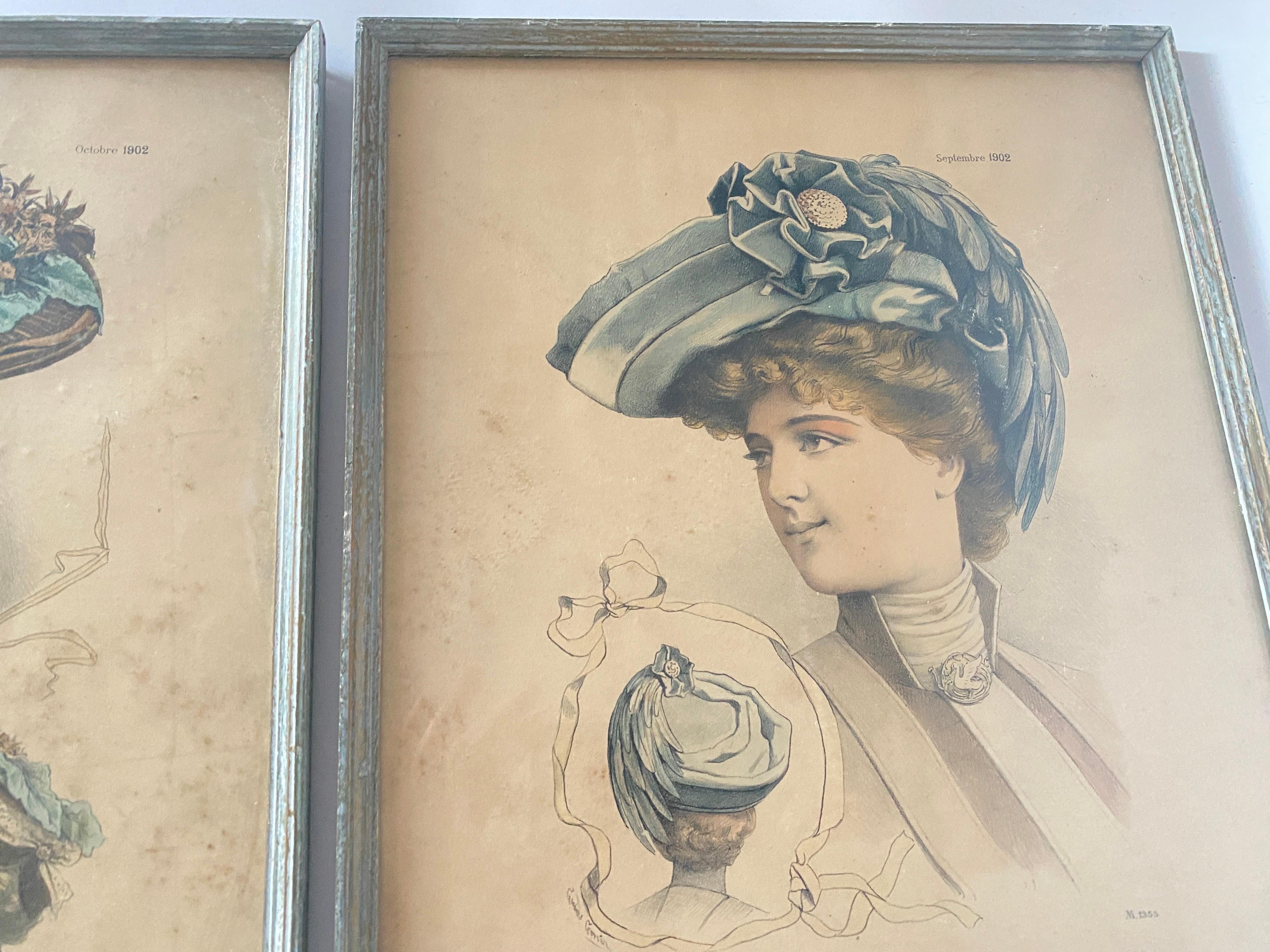 Pair of Engraving, Fashion Hat Work, Models, France 1902 For Sale 2
