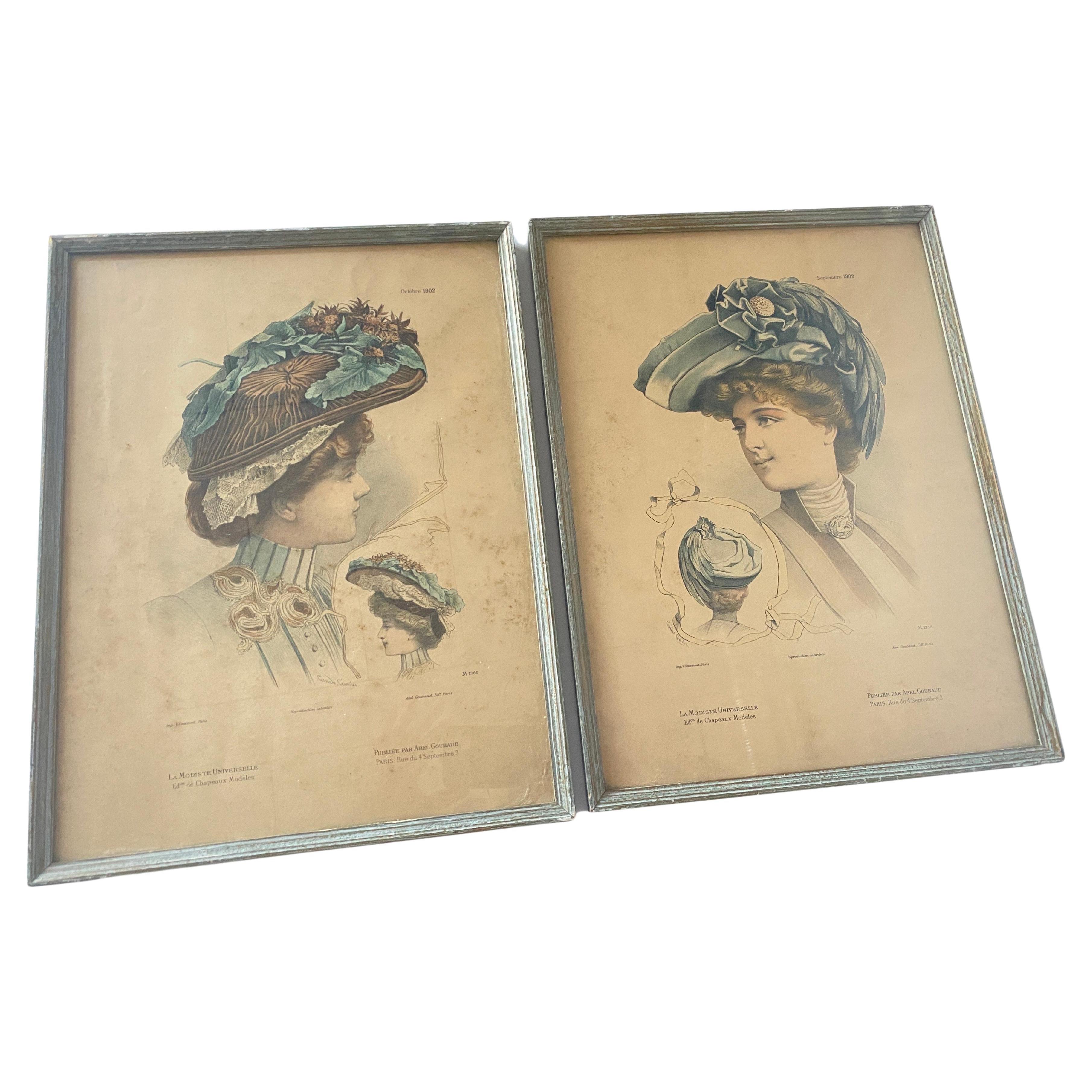 Pair of Engraving, Fashion Hat Work, Models, France 1902 For Sale