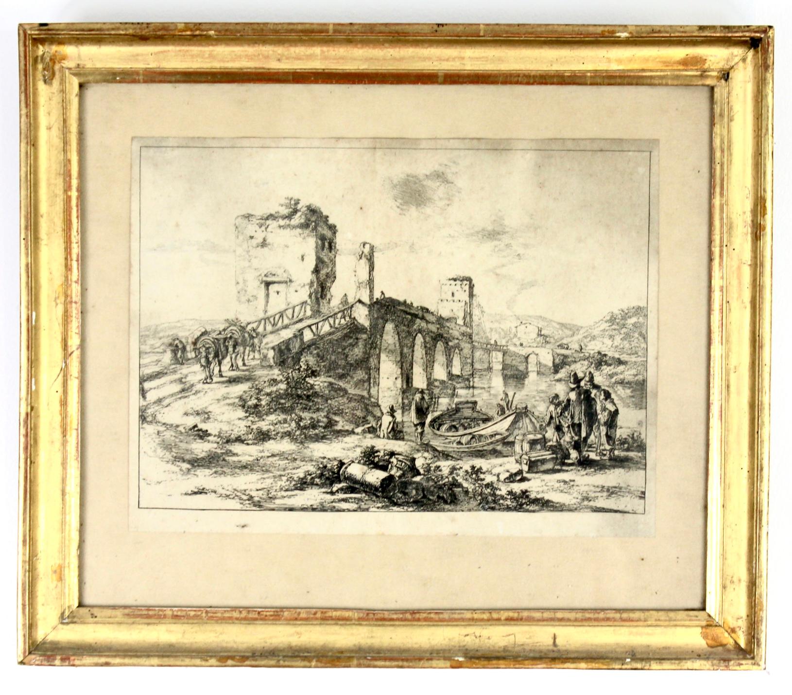Very nice pair landscape engravings in the taste of the artist Claude le Lorrain. On the first one we can see an ancient bridge in ruins and the other one a mountain landscape by the water.
Sold with frames.