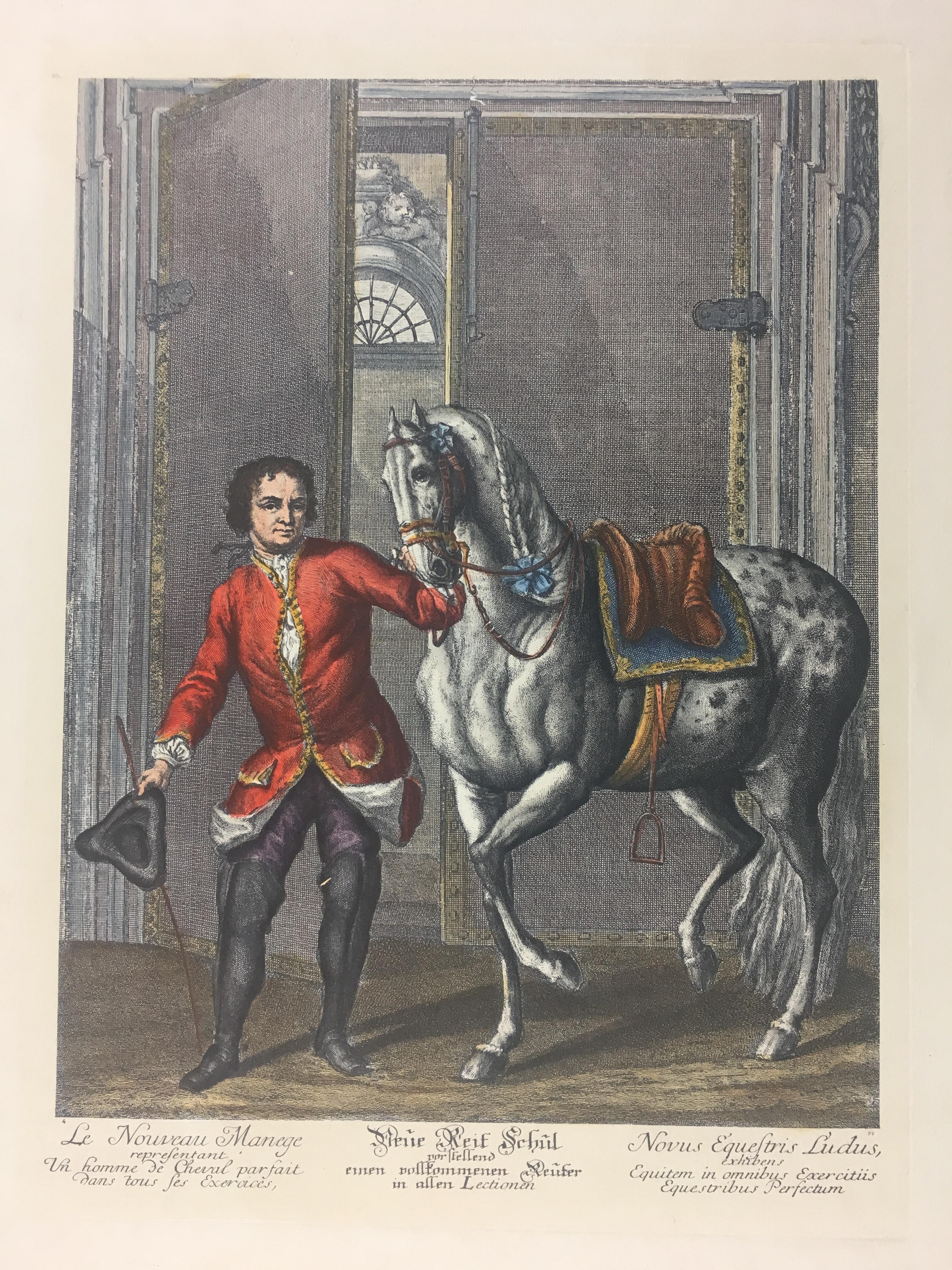 Pair of Engraving Prints of Horses and Riders in Dressage Poses 1