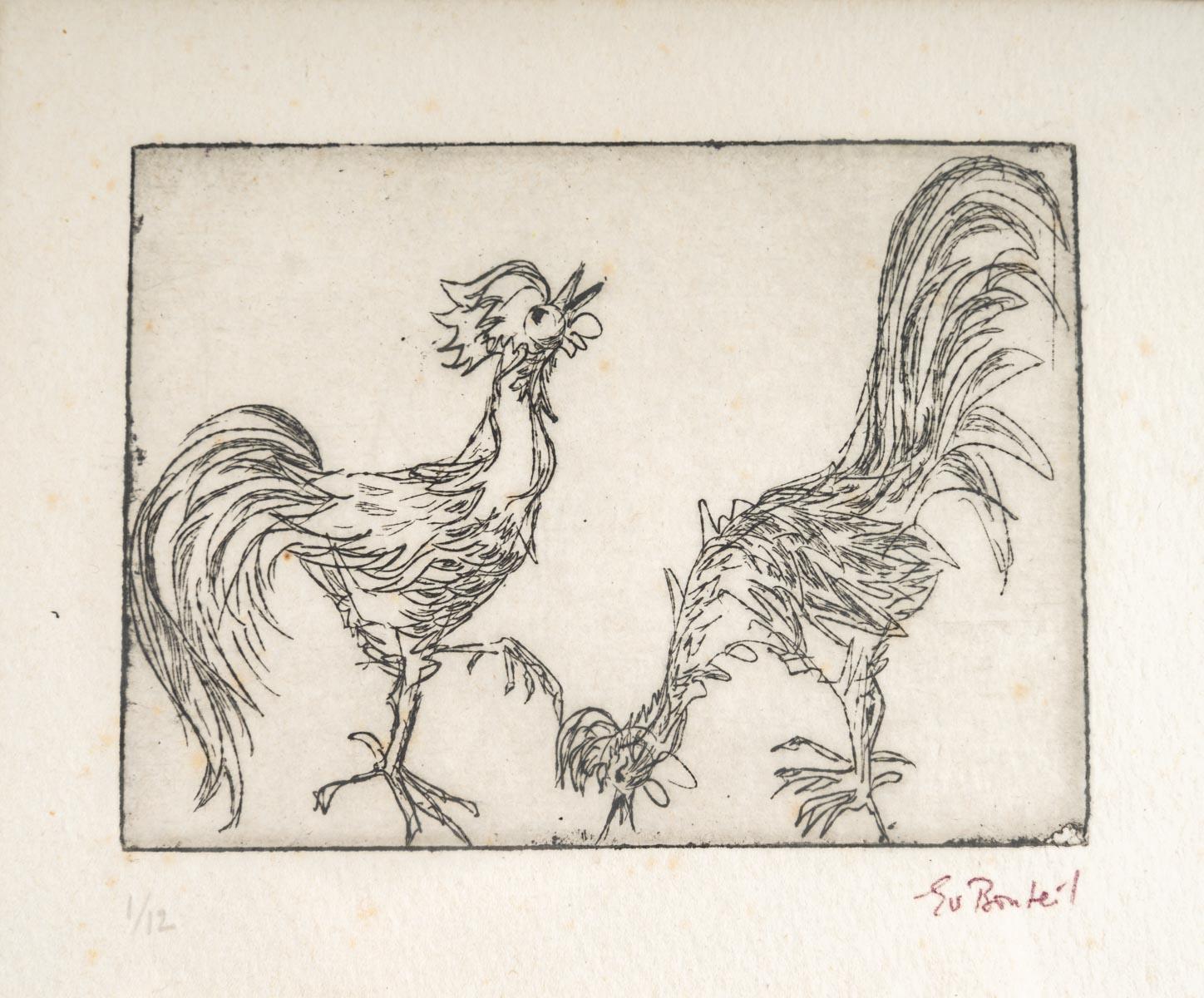 European Pair of Engravings, Clouded Women, The Two Roosters