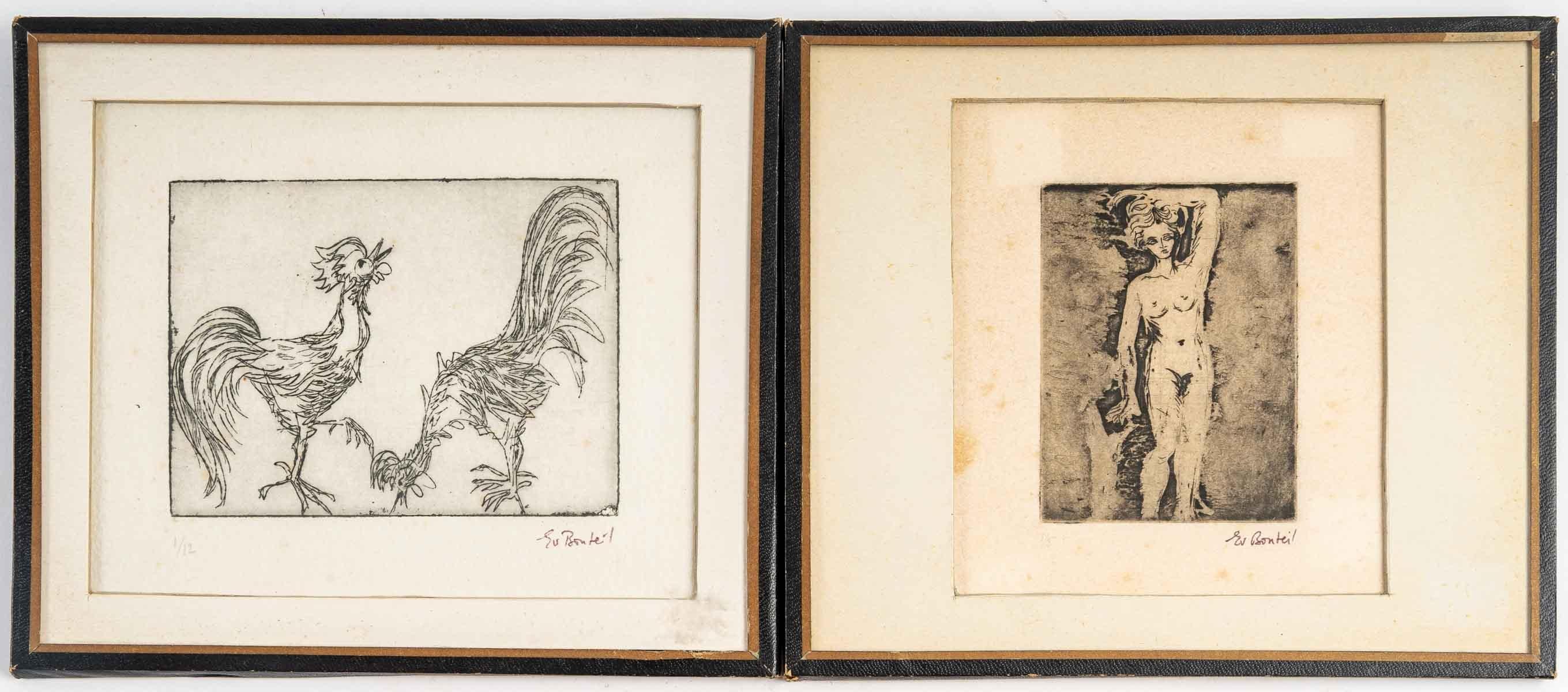 Pair of Engravings, Clouded Women, The Two Roosters 1