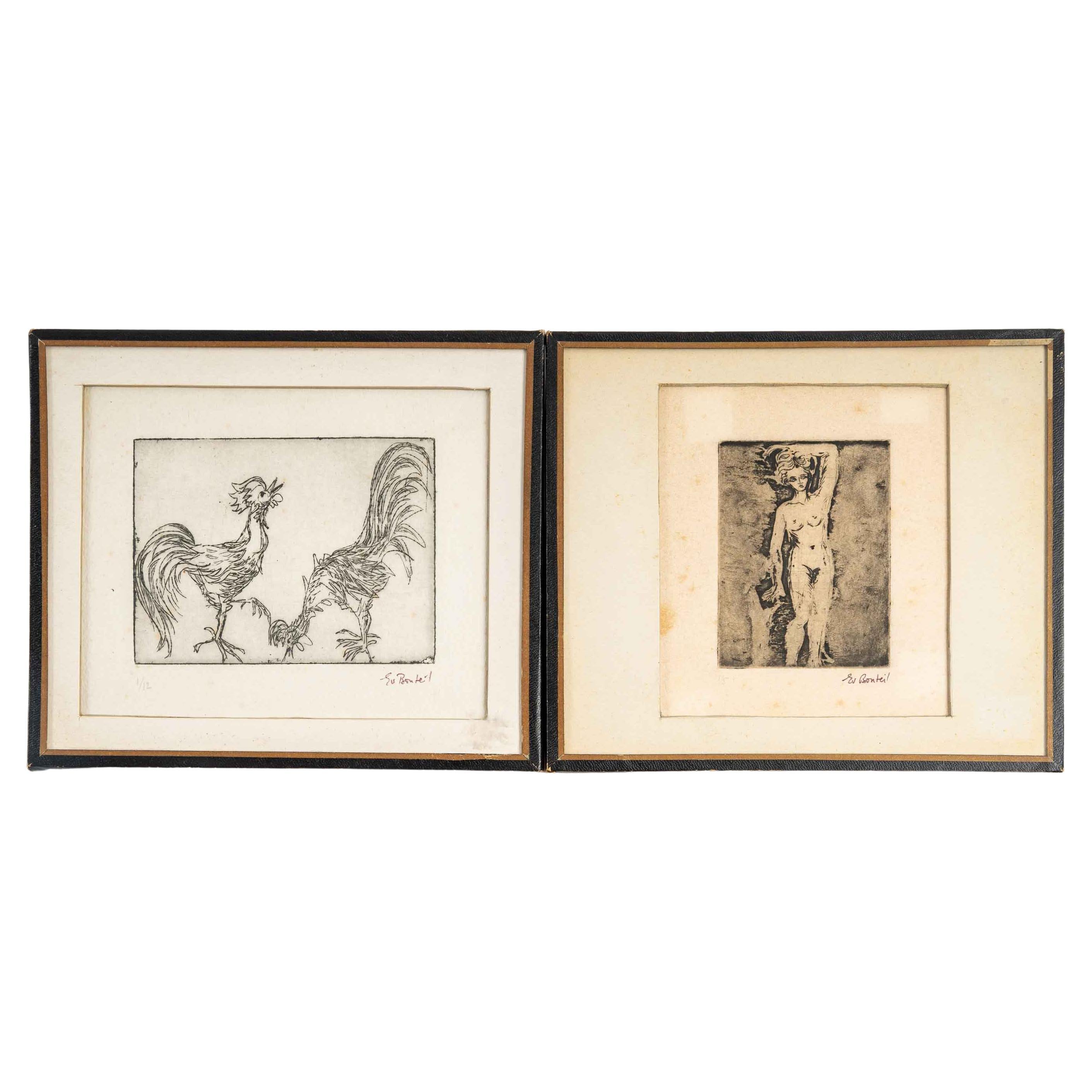 Pair of Engravings, Clouded Women, The Two Roosters
