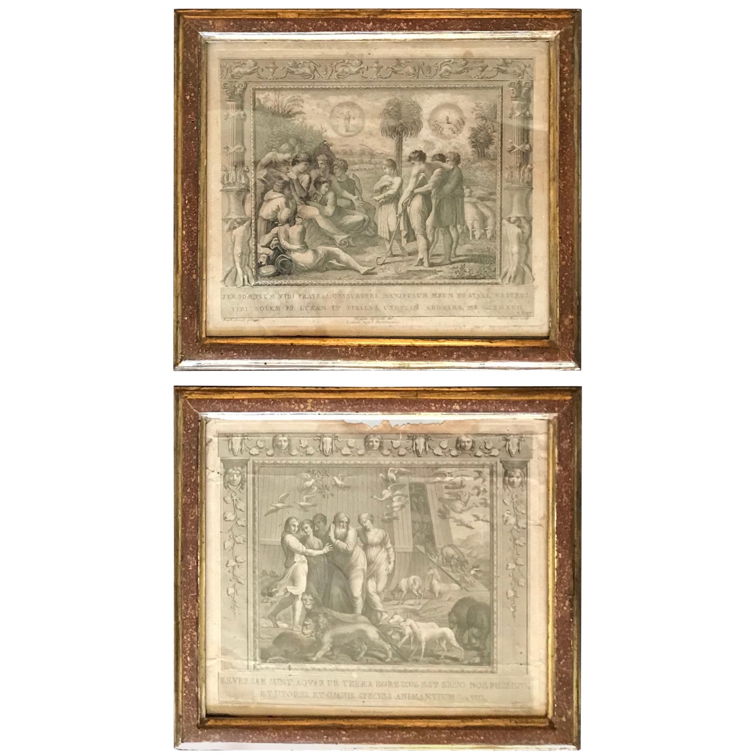 Pair of Engravings in 18th Century Faux Porphyry and Gilt Frames For Sale