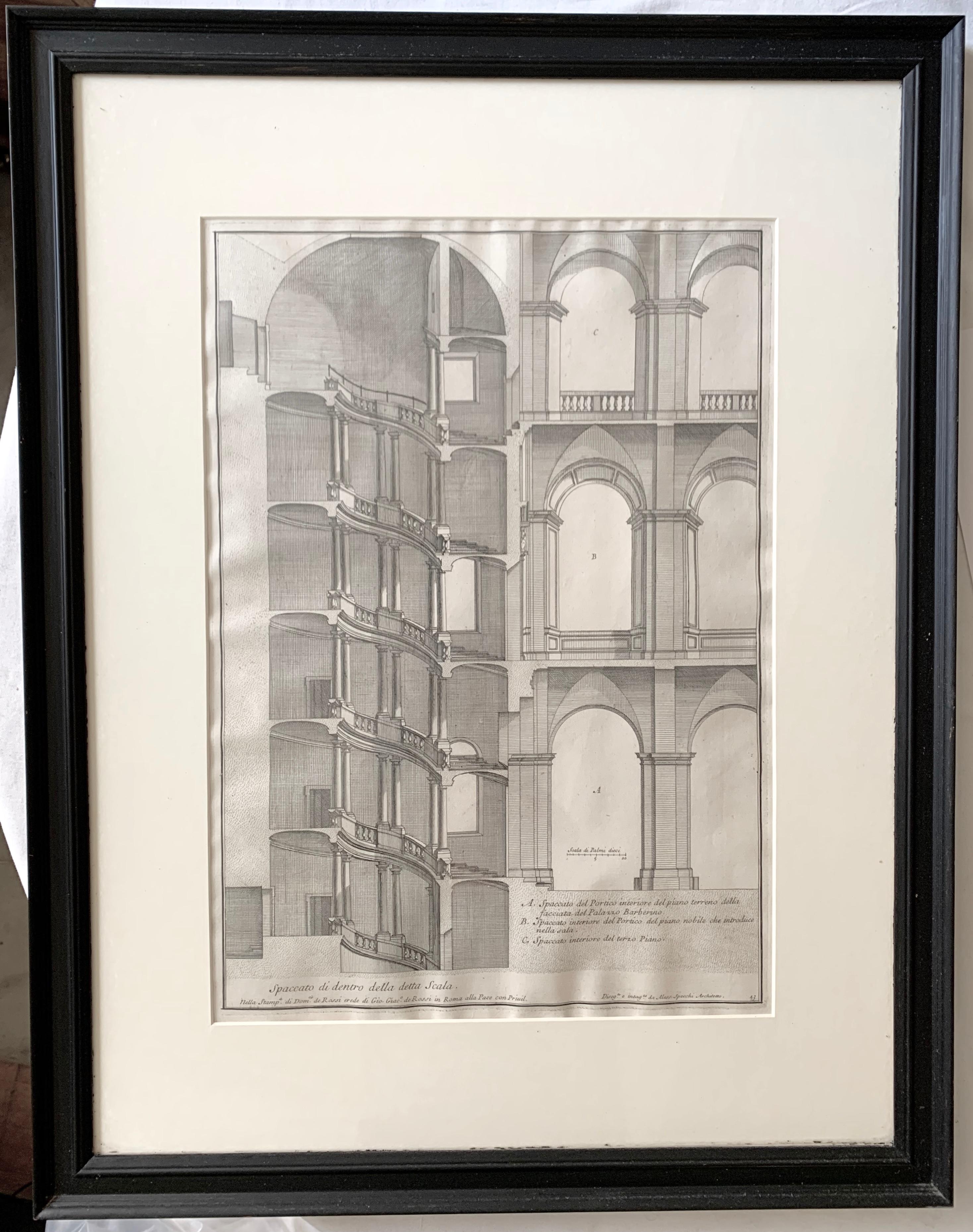 Pair of engravings of architectural studies by Alessandro Specchi. Pair of original engravings of architectural studies in black painted frames of the staircase in Palazzo Barberini, Rome. Staircase designed by Gianlorenzo Bernini (1598-1680),